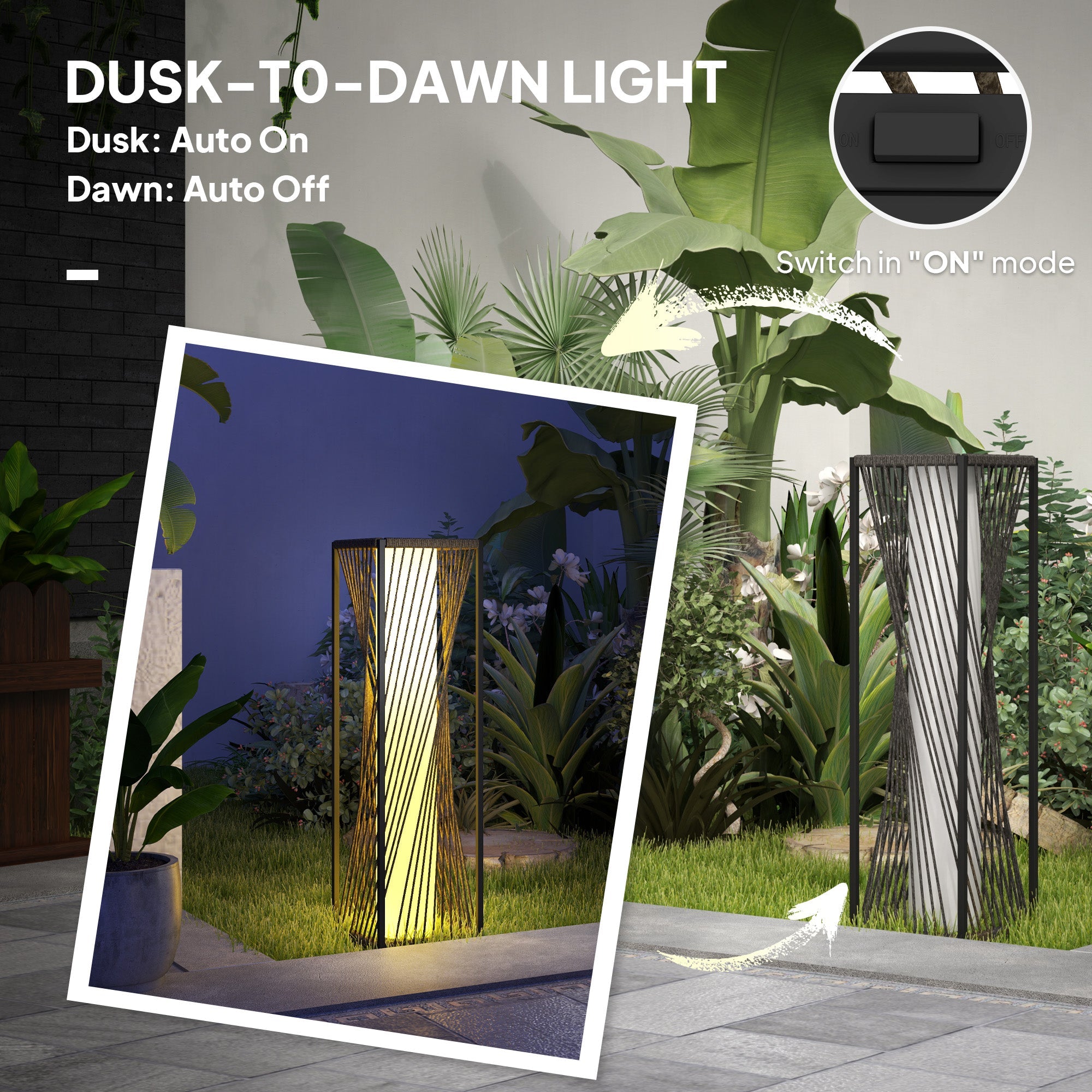 Outsunny Rattan Solar Floor Lamp, Decorative Outdoor Lamp with Auto On/Off LED Lights, IP44 for Patio, Porch, Pathway, Grey 