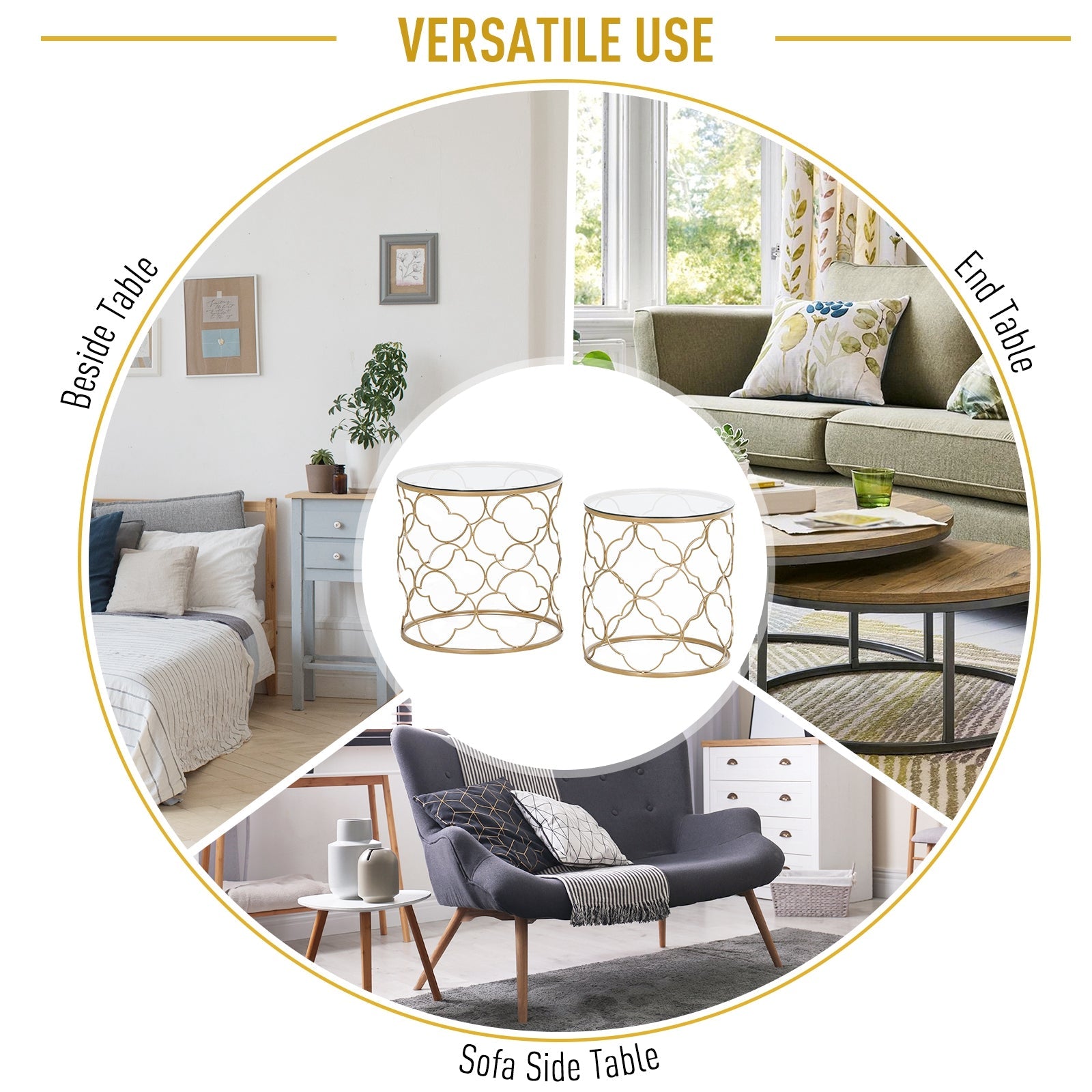 Homcom Gold Nesting End Tables: Elegant Set of 2 with Tempered Glass Top for Modern Living Room Decor 