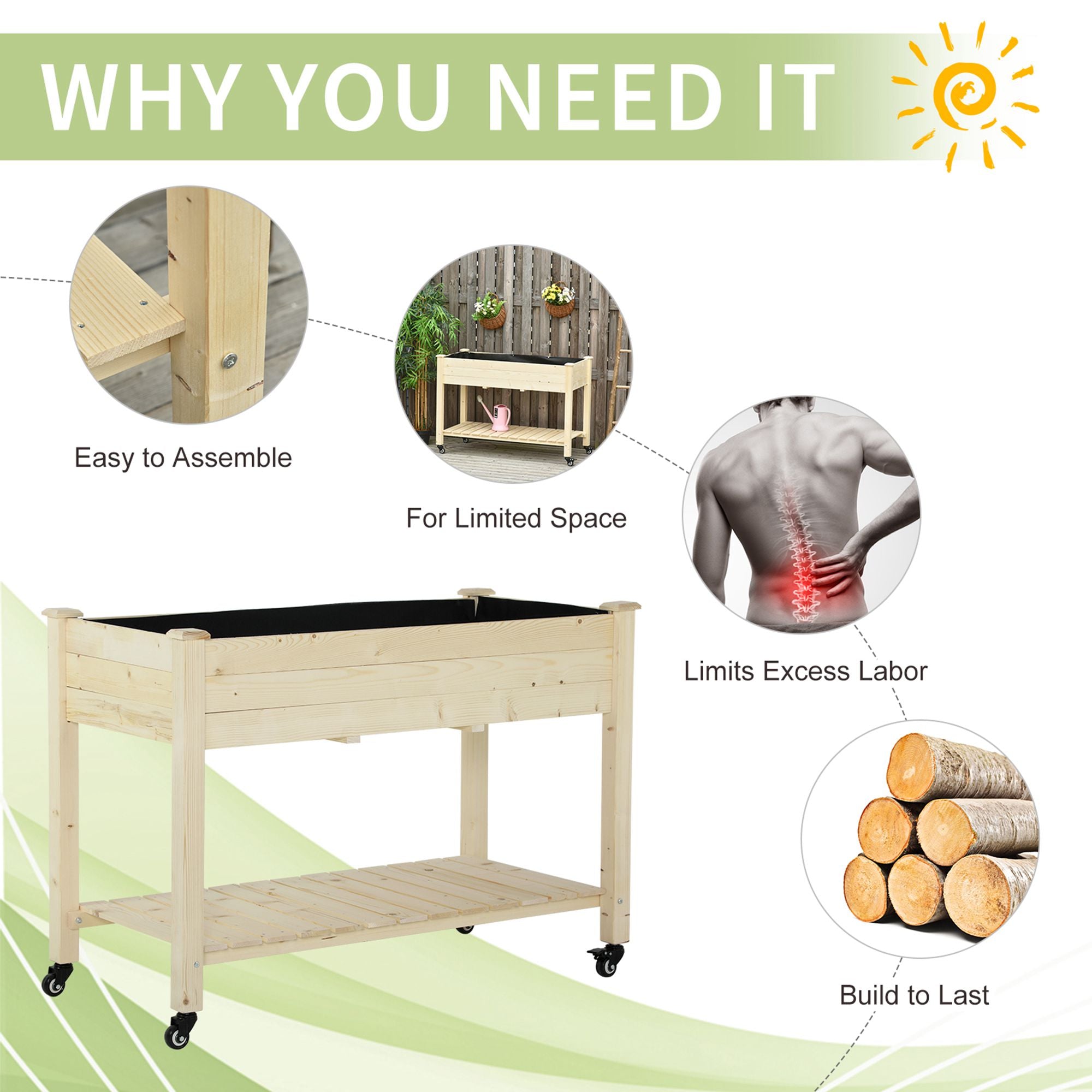 Outsunny Raised Garden Bed Mobile Elevated Wood Planter Box w/ Lockable Wheels Storage Shelf for Herbs and Vegetables Backyard 