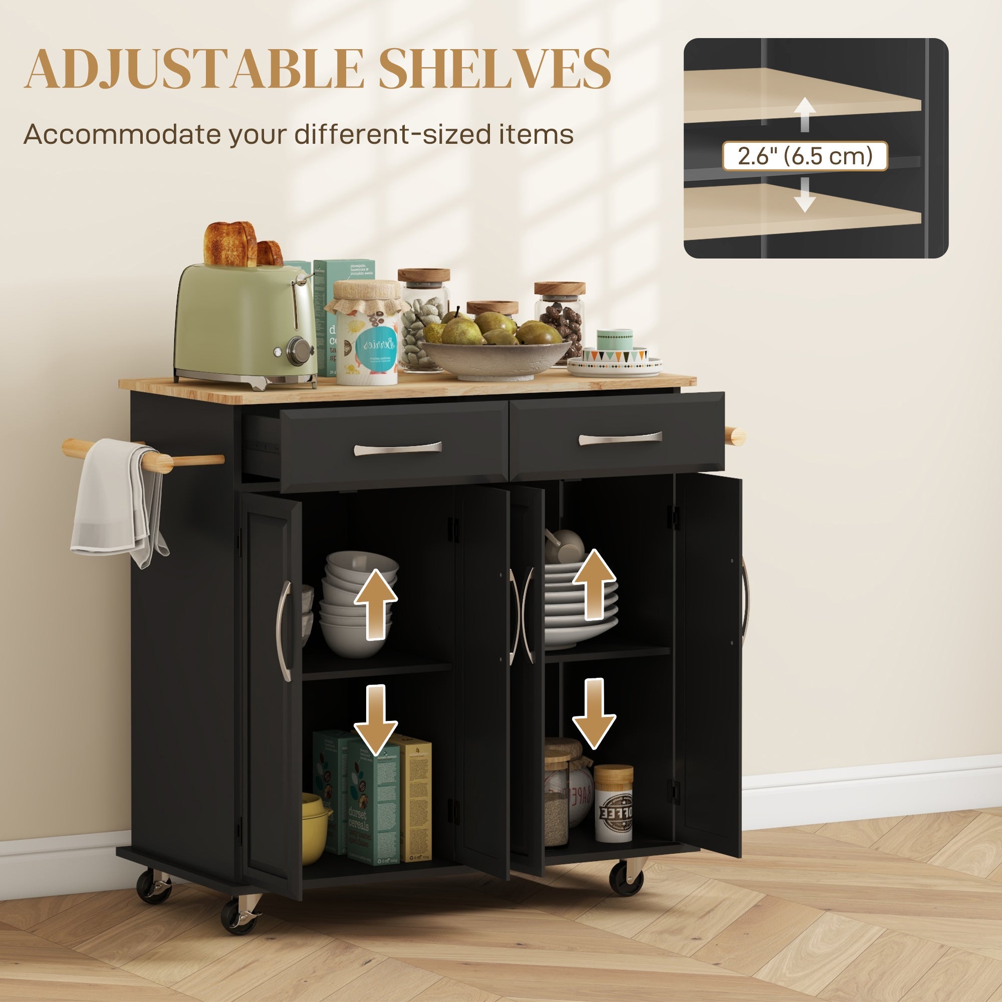 HOMCOM Kitchen Island on Wheels Rubberwood Top Rolling Cart 2 Drawers 4 Doors Adjustable Shelves Mobile Storage Furniture 