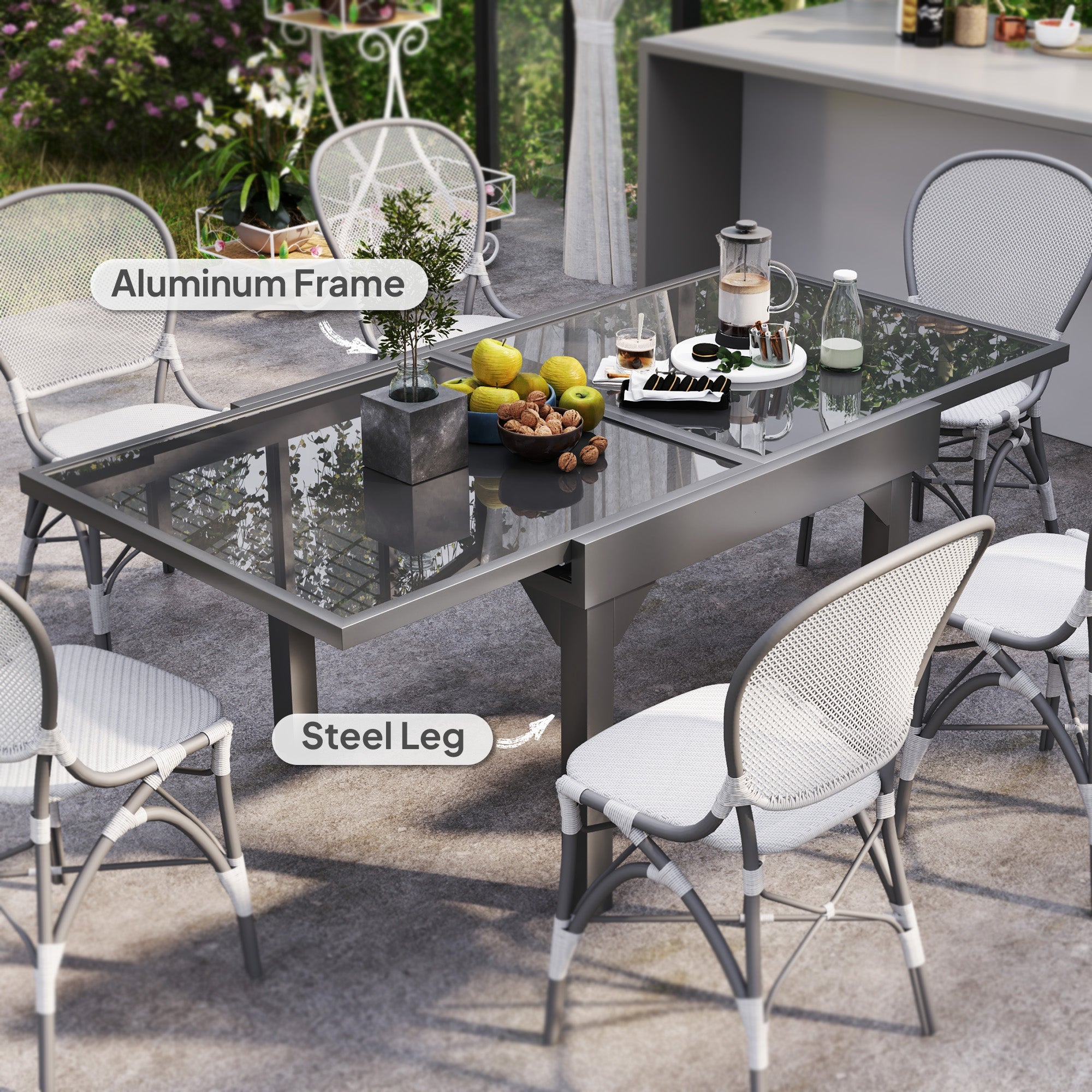 Outsunny 35"-71" Expandable Outdoor Table with Tempered Glass Top, Metal Frame, for 4-6 Person, for Lawn, Garden, Backyard 