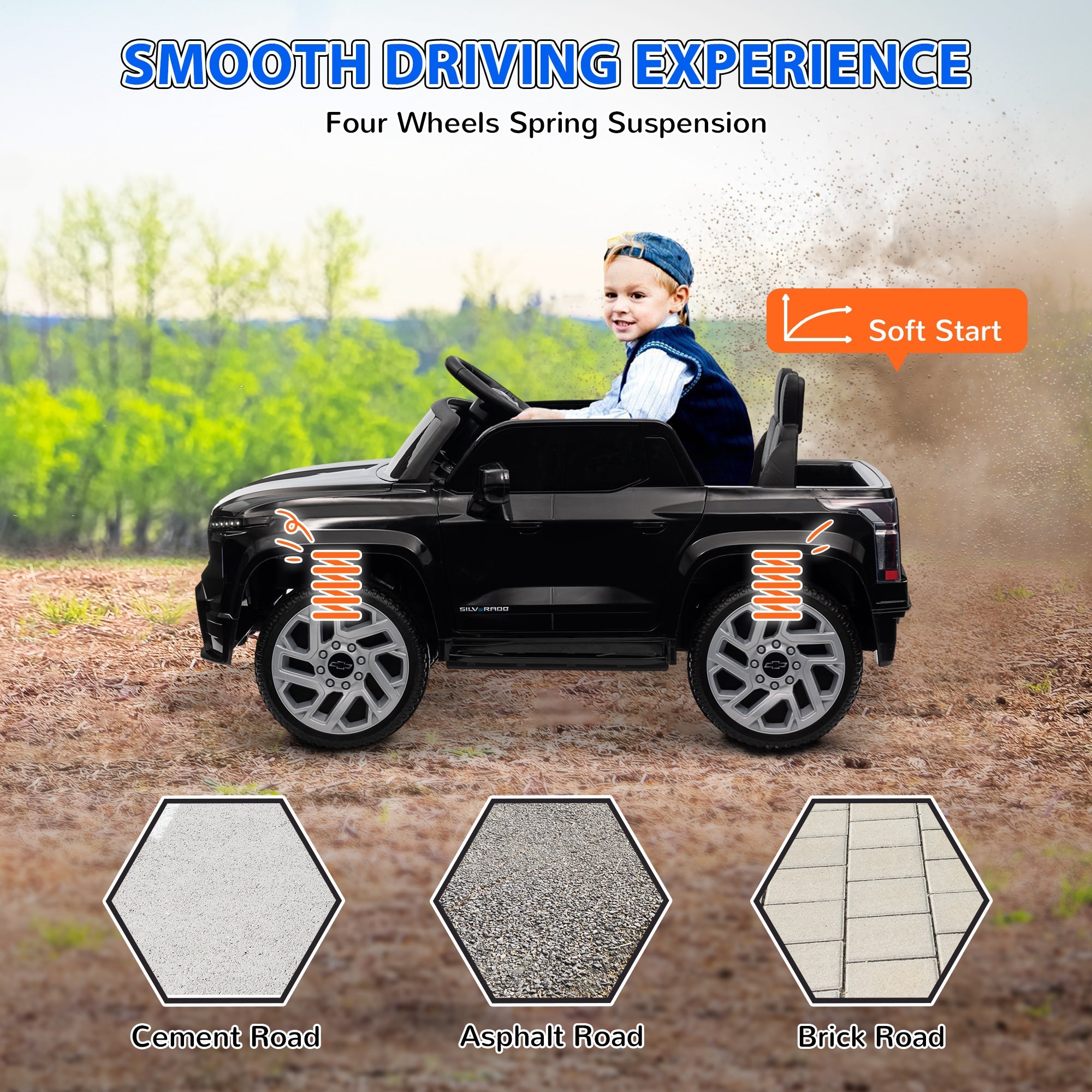 Qaba 12V CHEVROLET SILVERADO EV RST Licensed Kids Car w/ Remote, Spring Suspension, Soft Start, Training Wheels, Black 