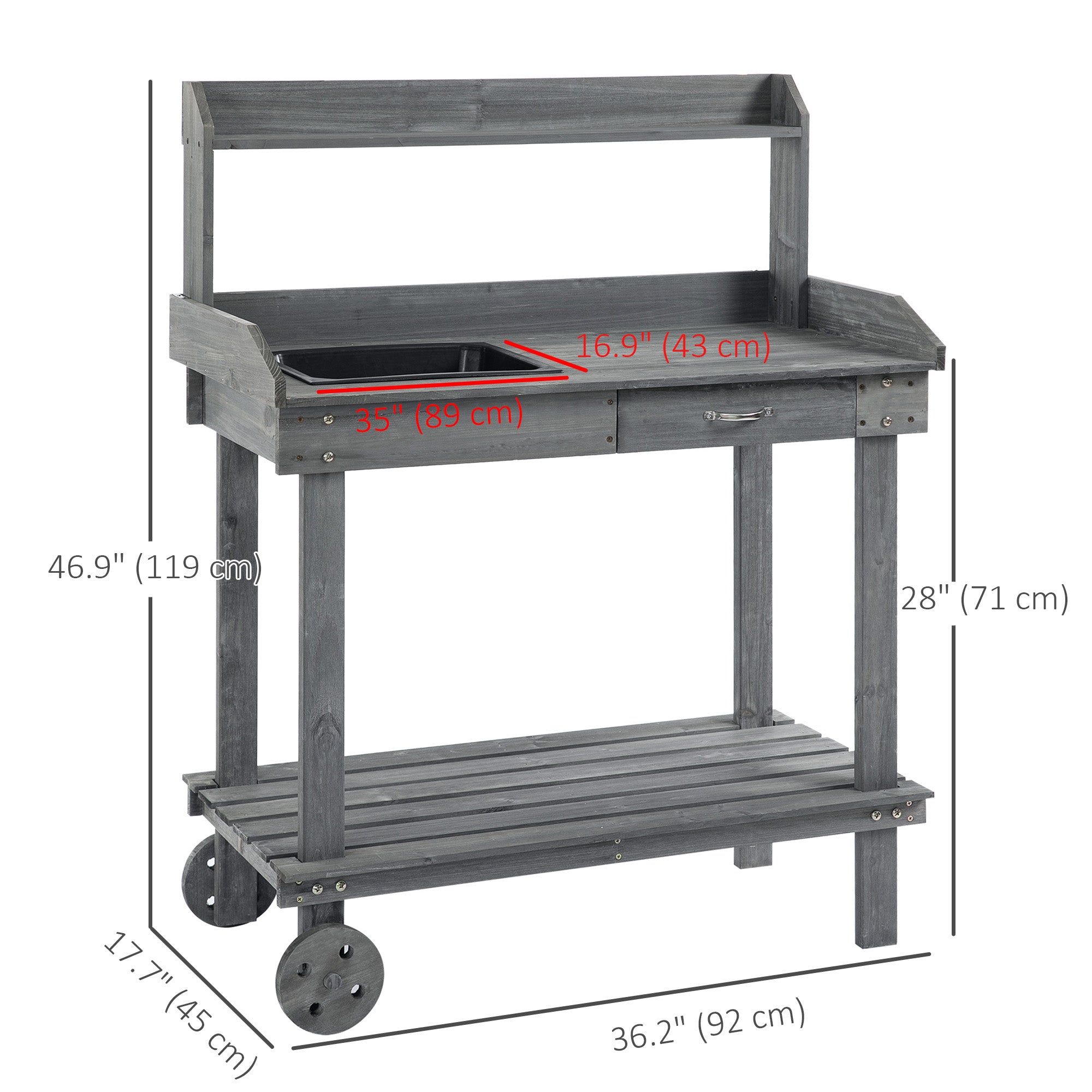 Outsunny Wooden Potting Bench 36" Work Table with Removable Wheels Sink Drawer Storage Spaces Gray 