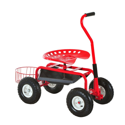 Outsunny Garden Cart, Rolling Scooter with Swivel and Adjustable Seat, Tool Tray, Bucket Basket, Red and Black 