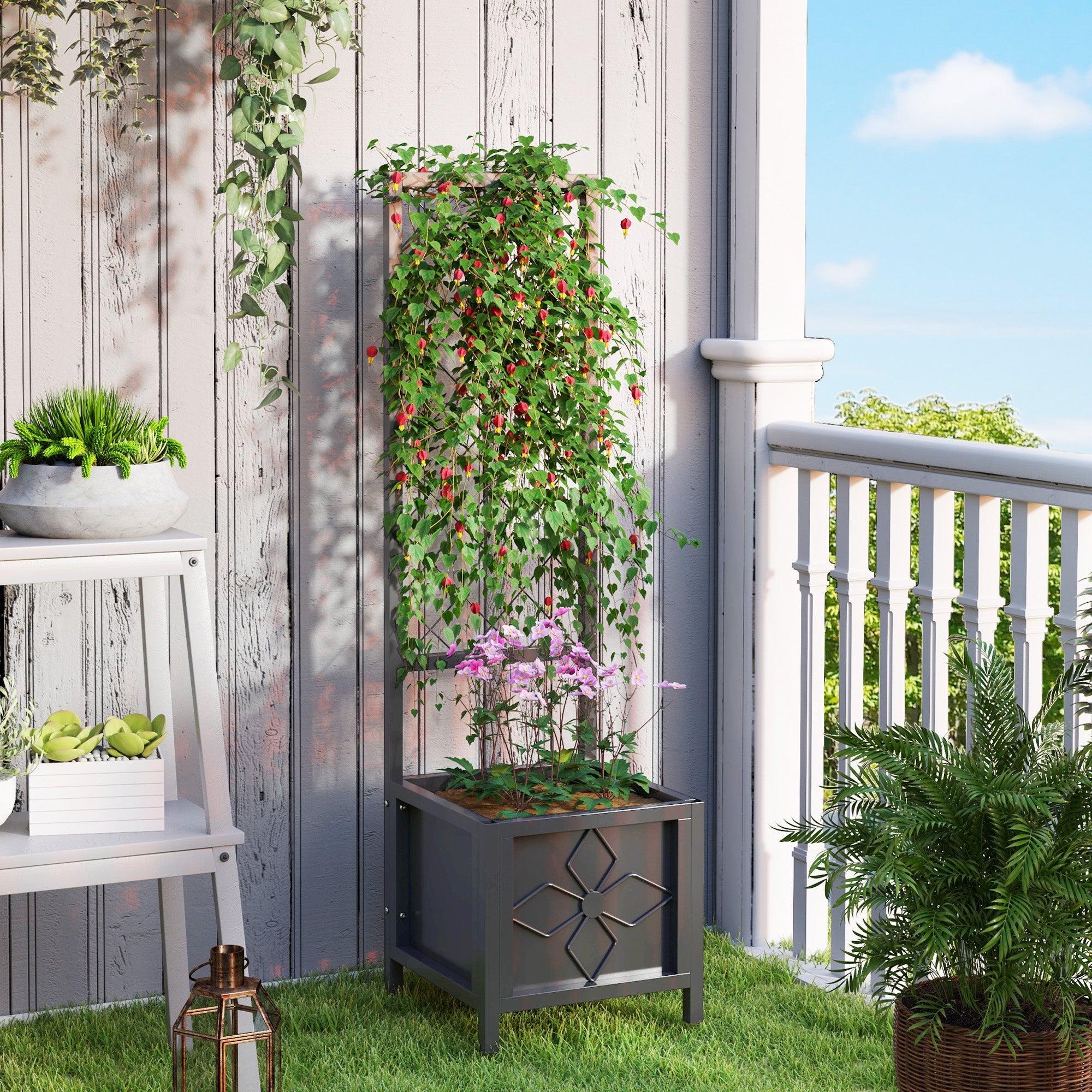 Outsunny Galvanized Raised Garden Bed with Trellis, Metal Planter Box with Drainage Holes for Climbing Plants, Vegetable, Vines 