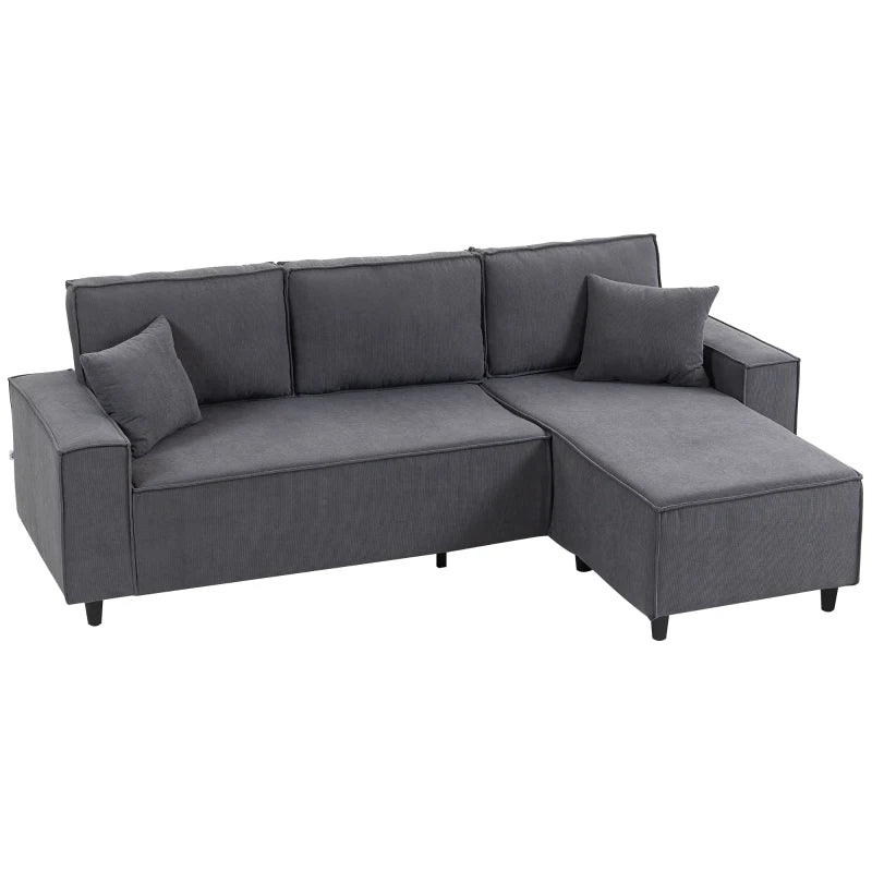 Corner Sofa with Changeable Chaise, Corduroy L-Shaped Sectional Sofa with Pocket Spring, 2 Pillows, Charcoal Grey