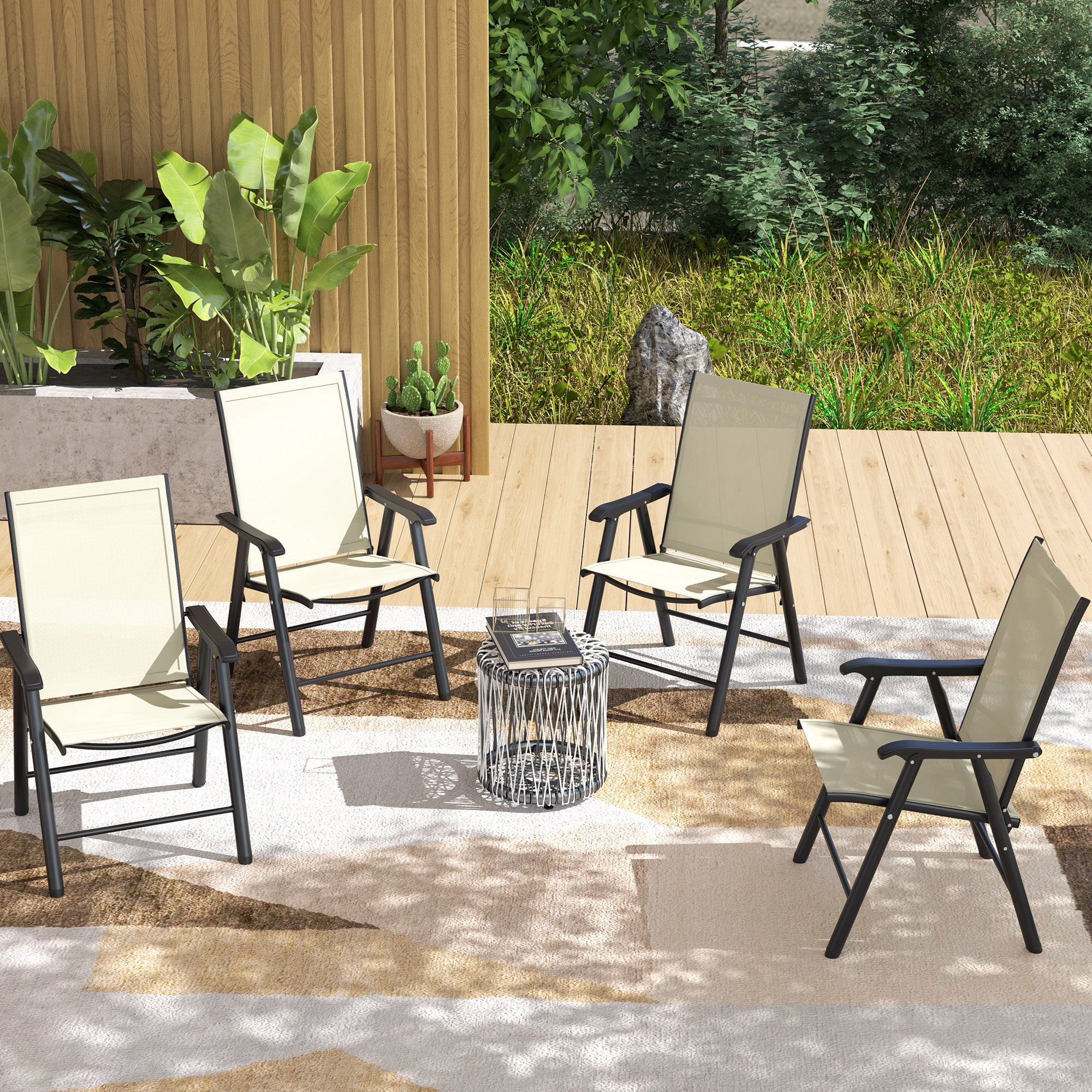 Outsunny 4-Piece Folding Chair Set for Relaxing on Patio Balcony Garden, Comfortable Outdoor Furniture with Armrests, Beige 