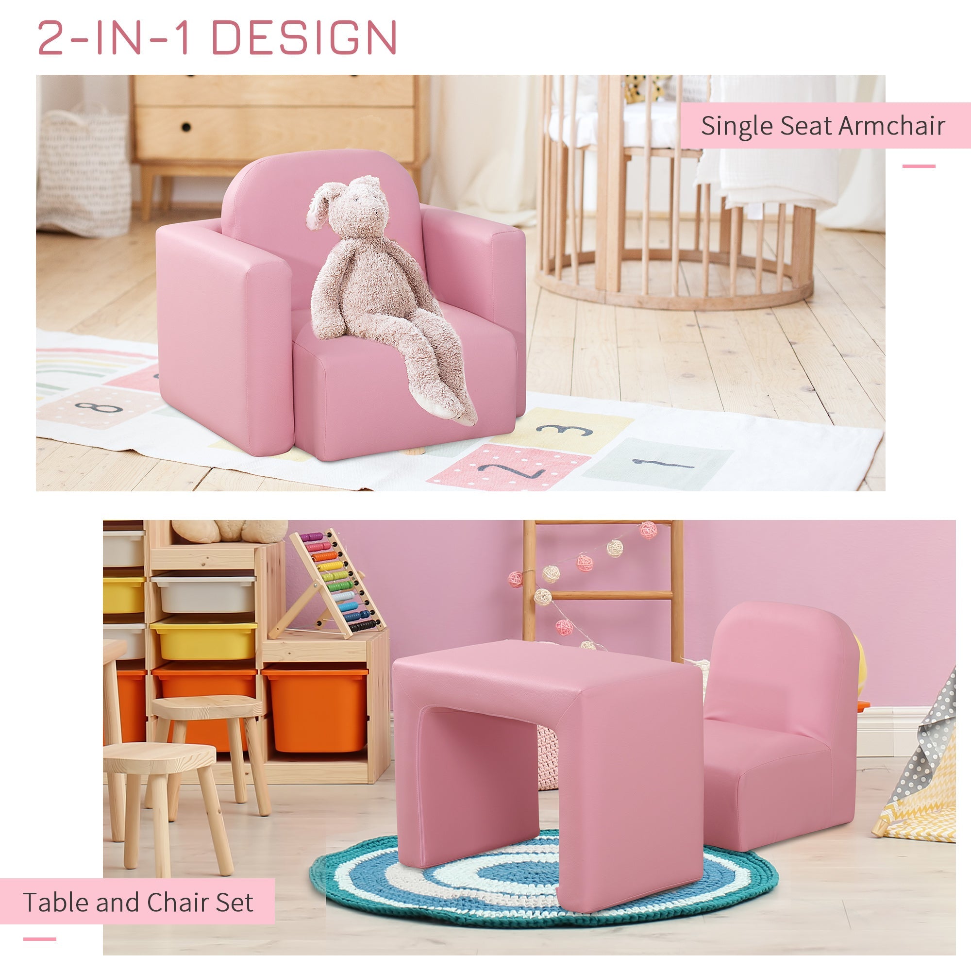 Qaba 2-in-1 Kids Convertible Table & Sofa Chair Set, Pink Multifunctional Toddler Armchair and Activity Couch 