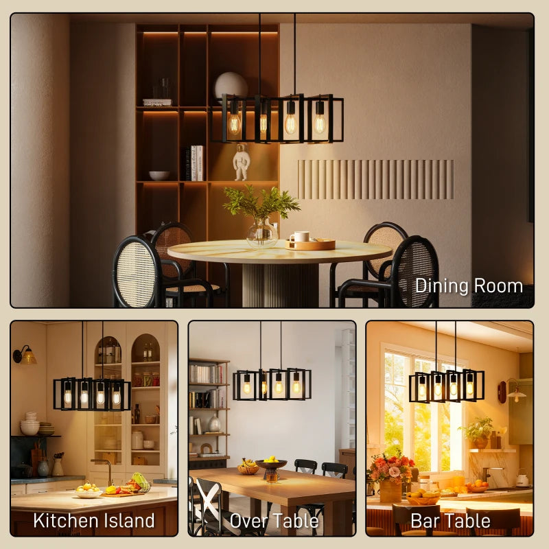 Farmhouse Kitchen Island Lighting, Linear Pendant Light with 4 Rotatable Frames and Adjustable Height, Black