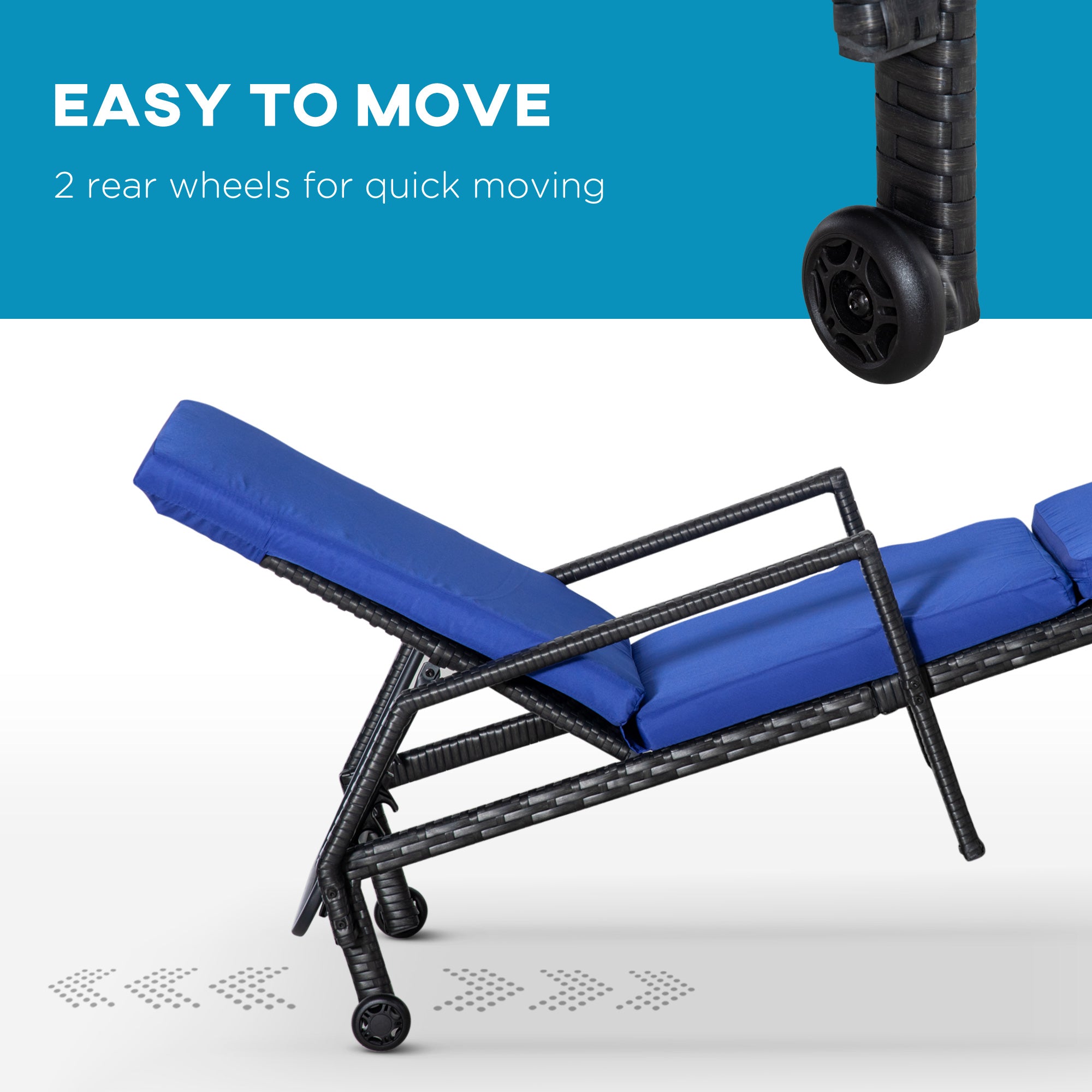 Outsunny Outdoor PE Rattan Wicker Sun Chaise Lounger Recliner Garden Chair with 5-Level Adjustable Backrest and 2 Wheels, Dark Blue 