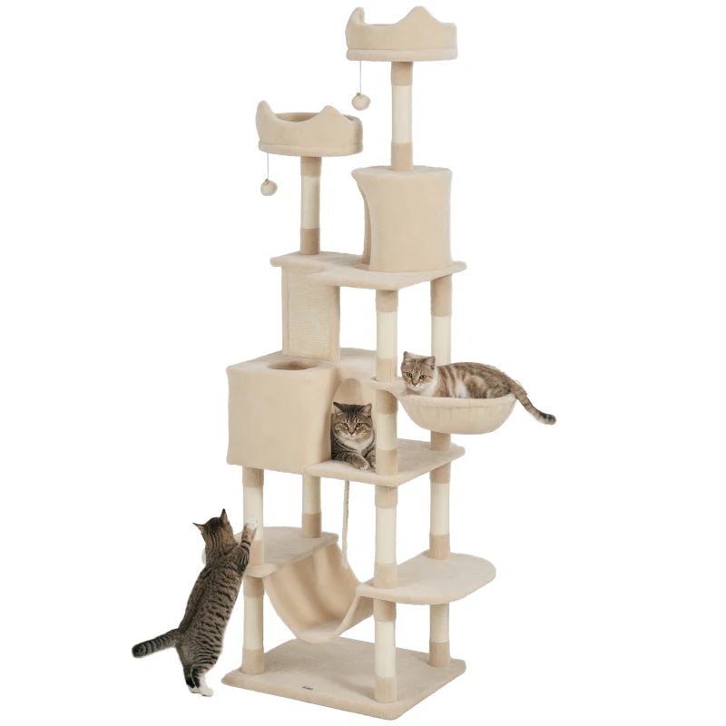 81" Large Cat Tree w/ Scratching Posts, Condos, Beds, Hammocks, Jumping Platforms, Toy Balls, Rope Cat Toy, Beige