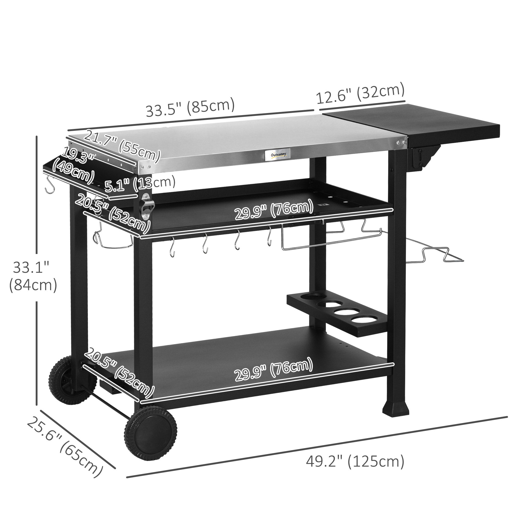 Outsunny Outdoor Grill Cart Table 3-Shelf, Foldable Side Table, Stainless Steel Top, Pizza Oven Stand, Mobile Kitchen Station 