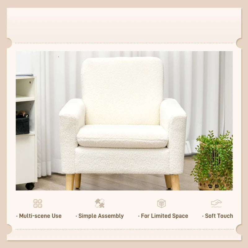 Fabric Accent Chair, Modern Upholstered Armchair with Wood Legs and Wide Padded Seat, Cream White