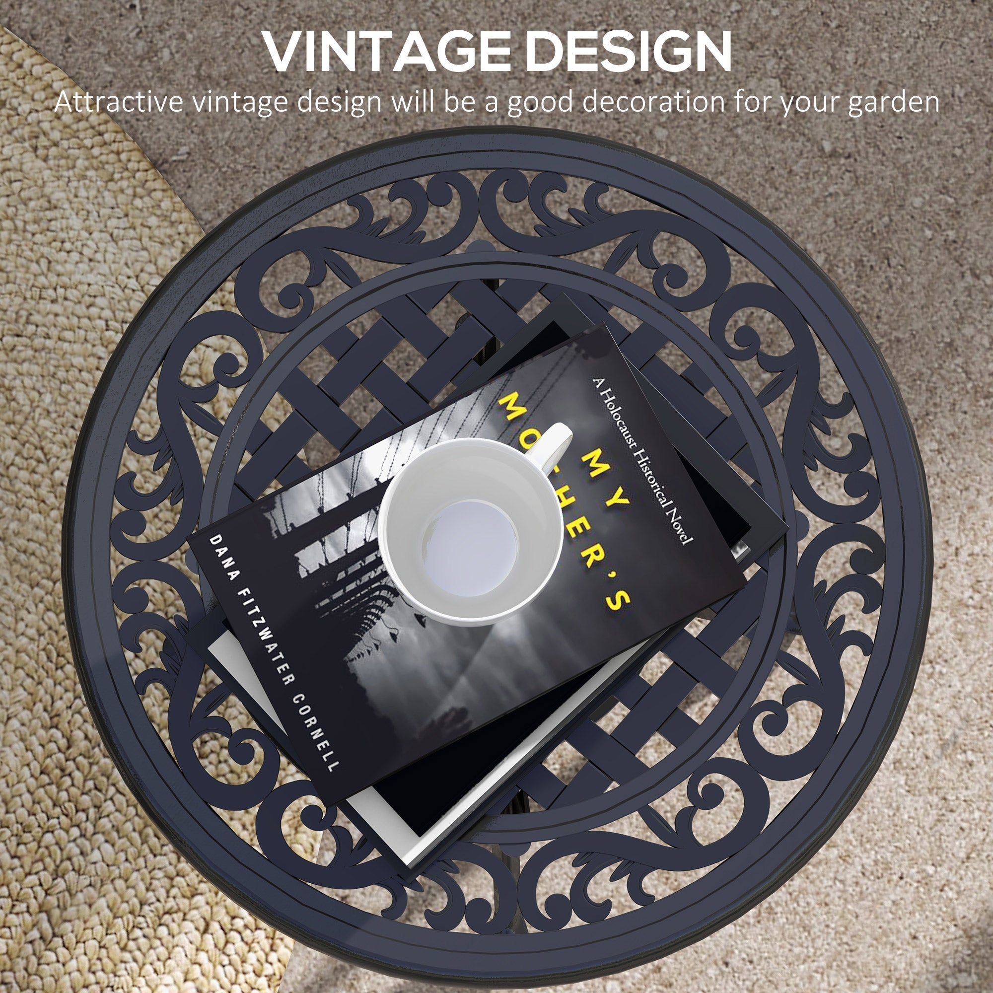 Outsunny Patio Table, Round Side Table with Cast Aluminium Frame, Adjustable Feet for Patio, Garden, Balcony, Black 
