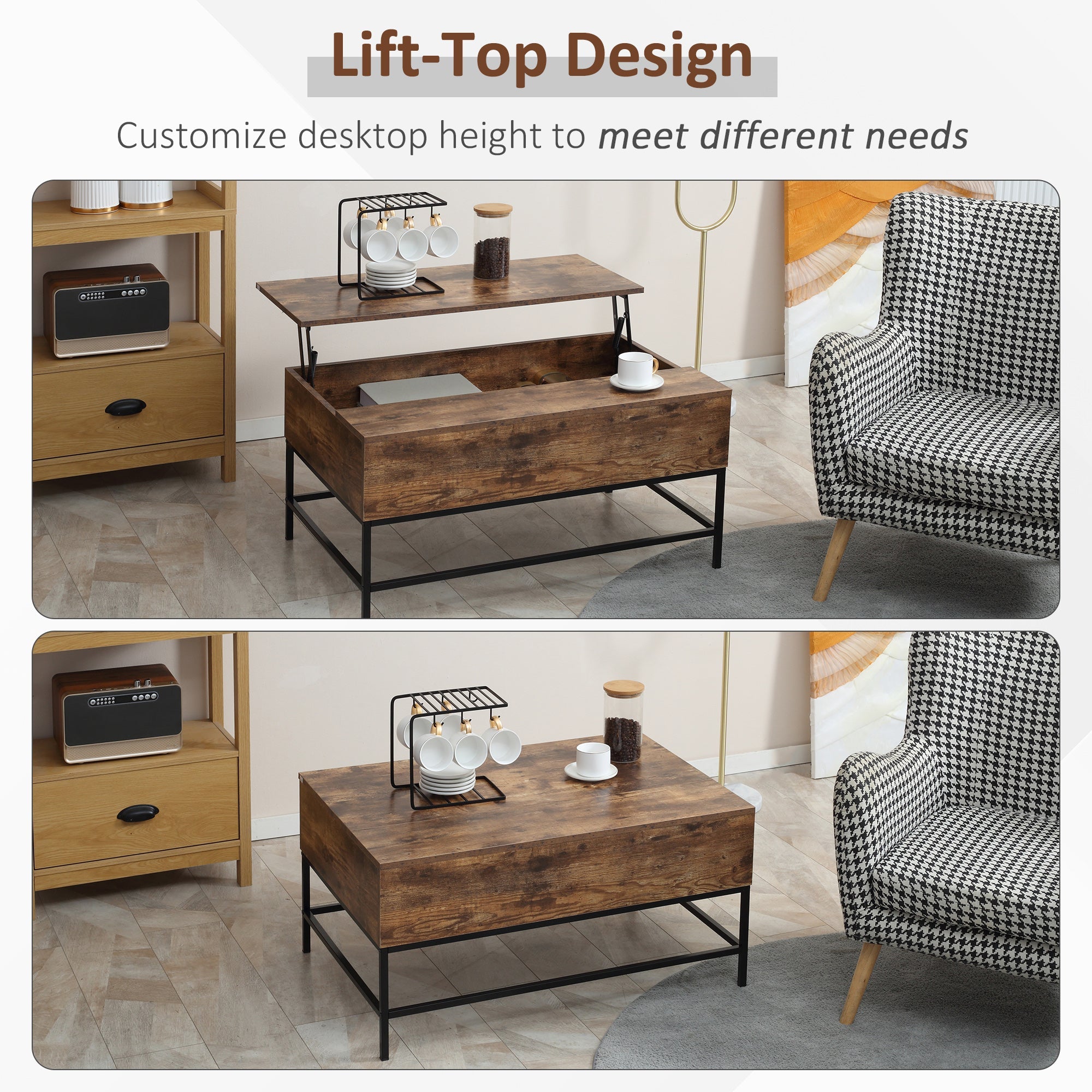 HOMCOM Rustic Brown Lift Top Coffee Table: Center Table with Hidden Storage Compartment for Living Room 
