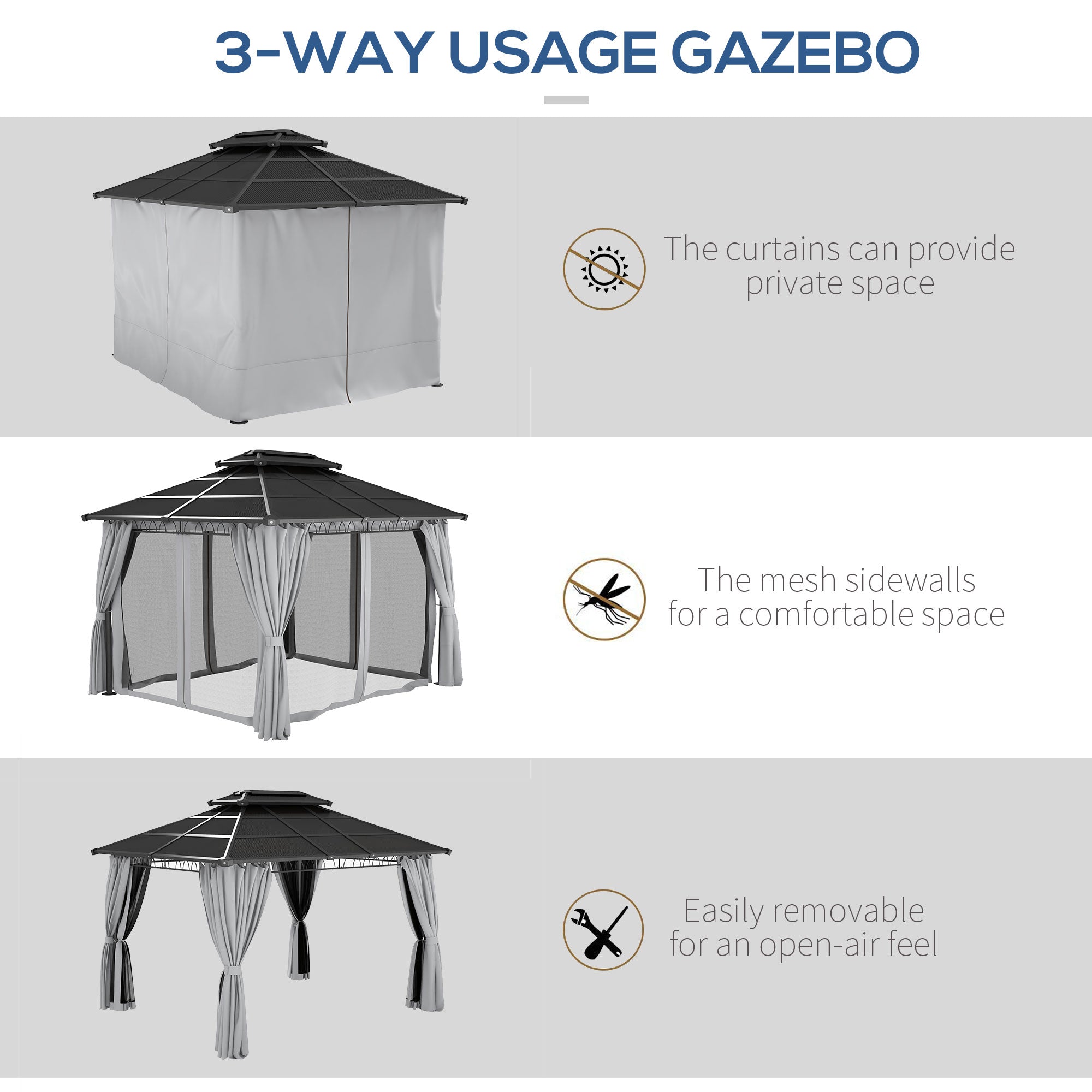 Outsunny Outdoor Hardtop Gazebo: 10'x12' Double PC Roof with Steel Frame, Nettings & Curtains, Grey 