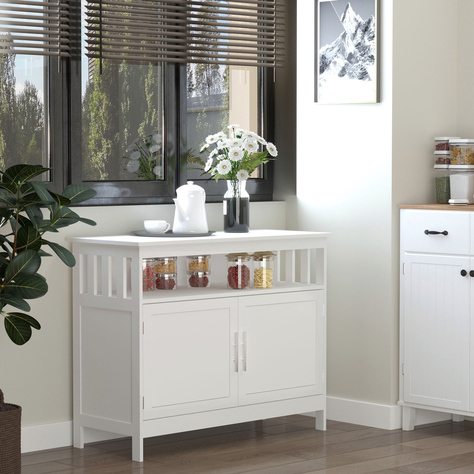 HOMCOM Classic Storage Console: Kitchen Sideboard Bar Cabinet, Buffet Cabinet with 2-Level Cabinet and Open Shelf, Crisp White 
