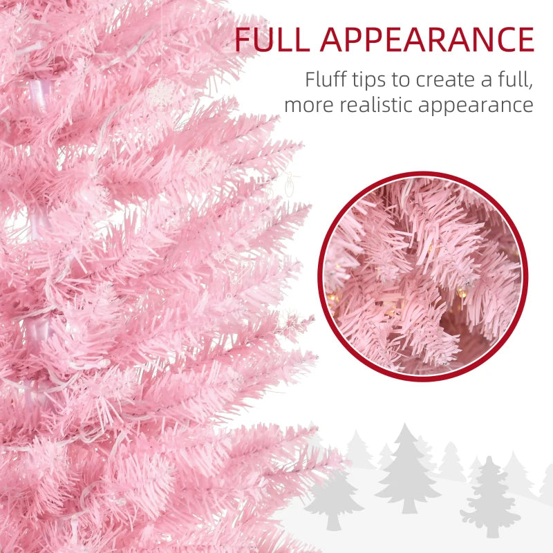 HOMCOM 5ft Pencil Christmas Tree, Slim Artificial Christmas Tree with Realistic Branches and Warm White LED Lights, Pink