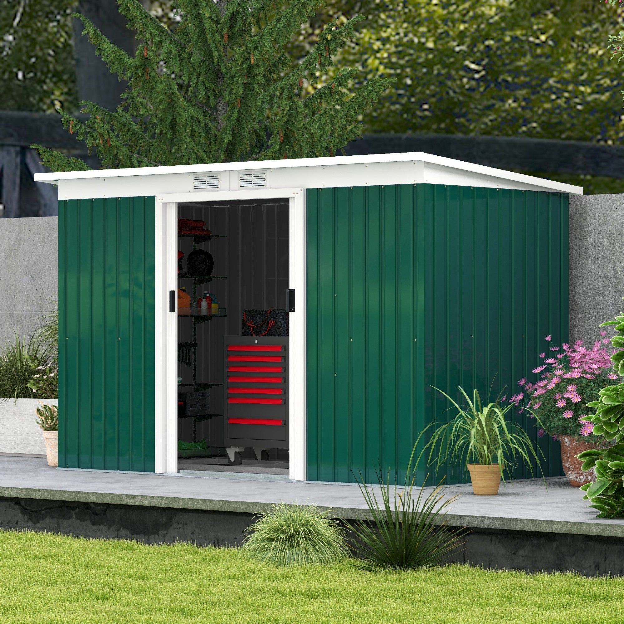 Outsunny 9'x4' Outdoor Garden Metal Storage Shed Equipment Tool Box Foundation Ventilation Doors Dark Green 