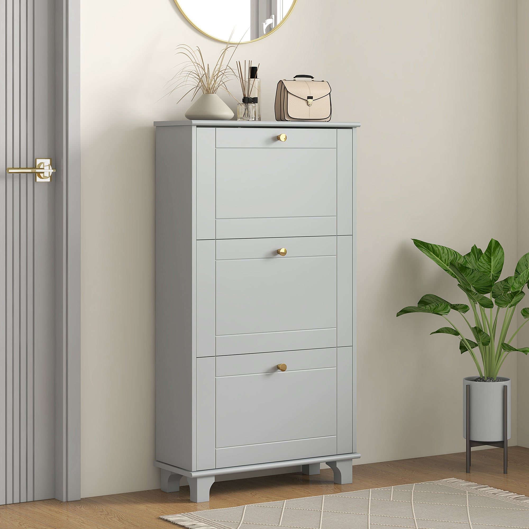 HOMCOM Narrow Shoe Storage with 3 Flip Drawers and Adjustable Shelves, Shoe Cabinet Organizer for 12 Pairs of Shoes, Grey 