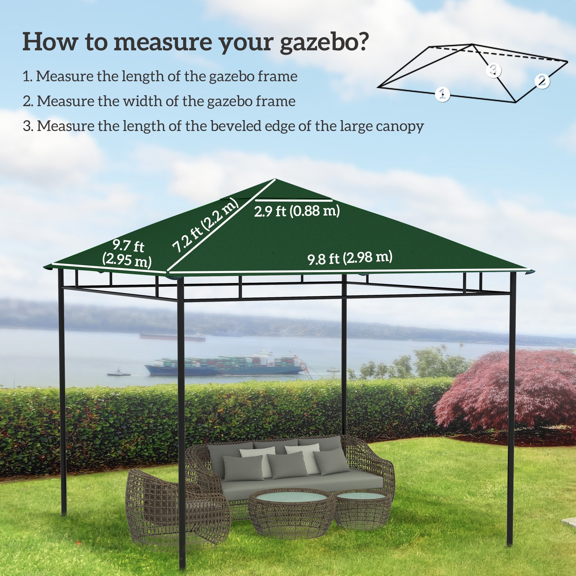 Outsunny Gazebo Canopy Replacement 9.84 x 9.84ft UV Protected Top Sun Shade Green 