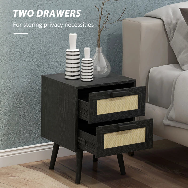 Boho Nightstands Set of 2, Bedside Tables with 2 Drawers for Living Room, Bedroom, Black