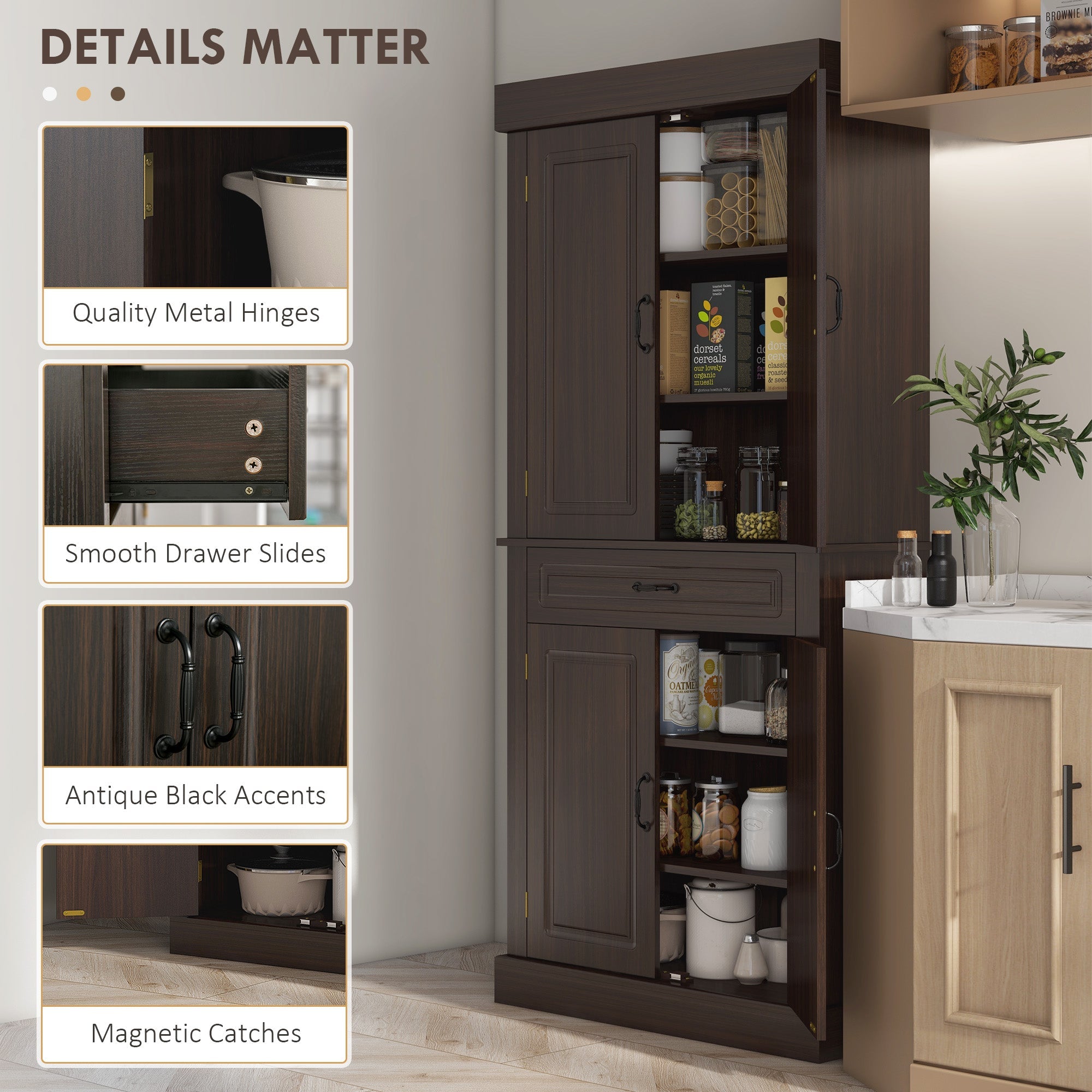 HOMCOM Coffee Wood Pantry Cabinet: 71" Tall Freestanding Kitchen Organizer with 4 Doors, 2 Cabinets & Drawer 
