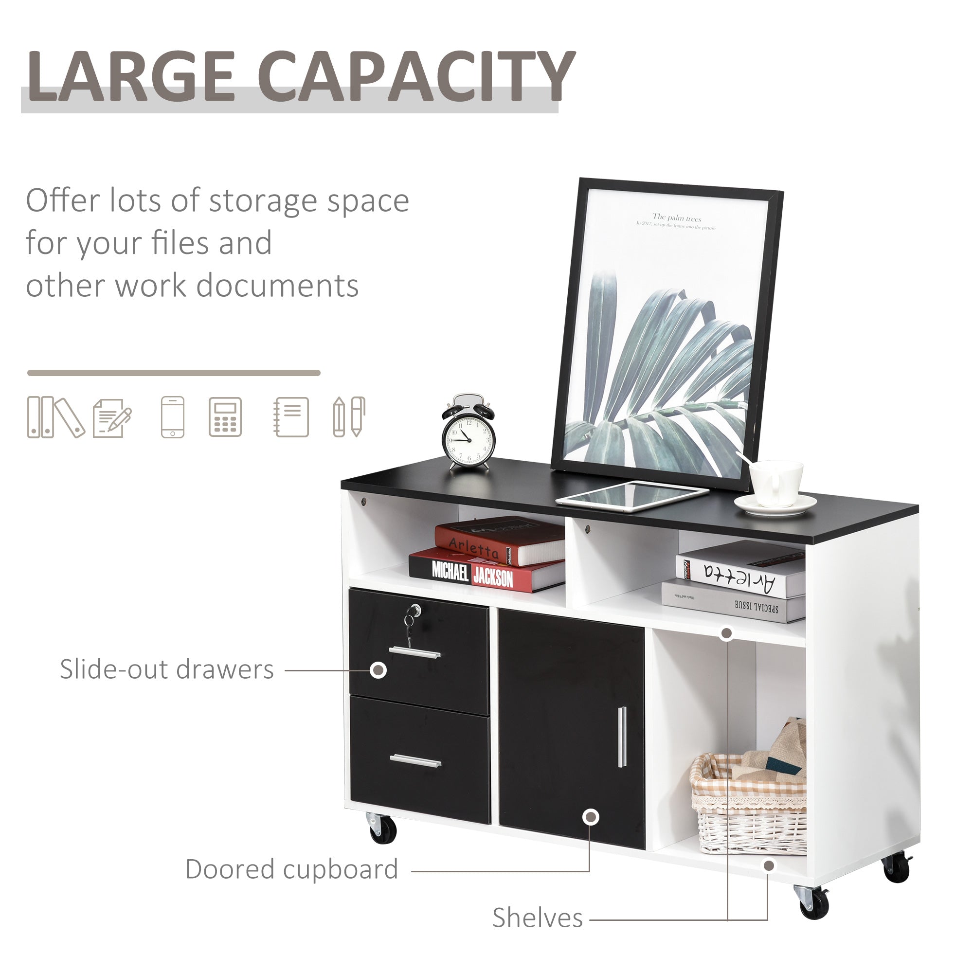 HOMCOM Mobile Lateral Filing Cabinet: Lockable Drawer Printer Stand on Wheels for Home Office, Black 