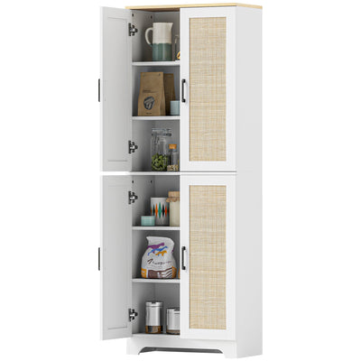HOMCOM 67" Tall Kitchen Pantry, Freestanding Kitchen Storage Cabinet with 4 Rattan Doors and Adjustable Shelves, White 