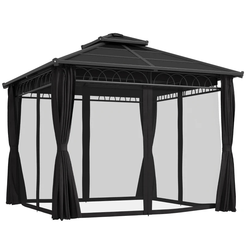 9' x 10' Outdoor Hardtop Gazebo Canopy w/ Double PC Roof, Steel Frame, Nettings, Curtains for Garden Lawn Deck, Black
