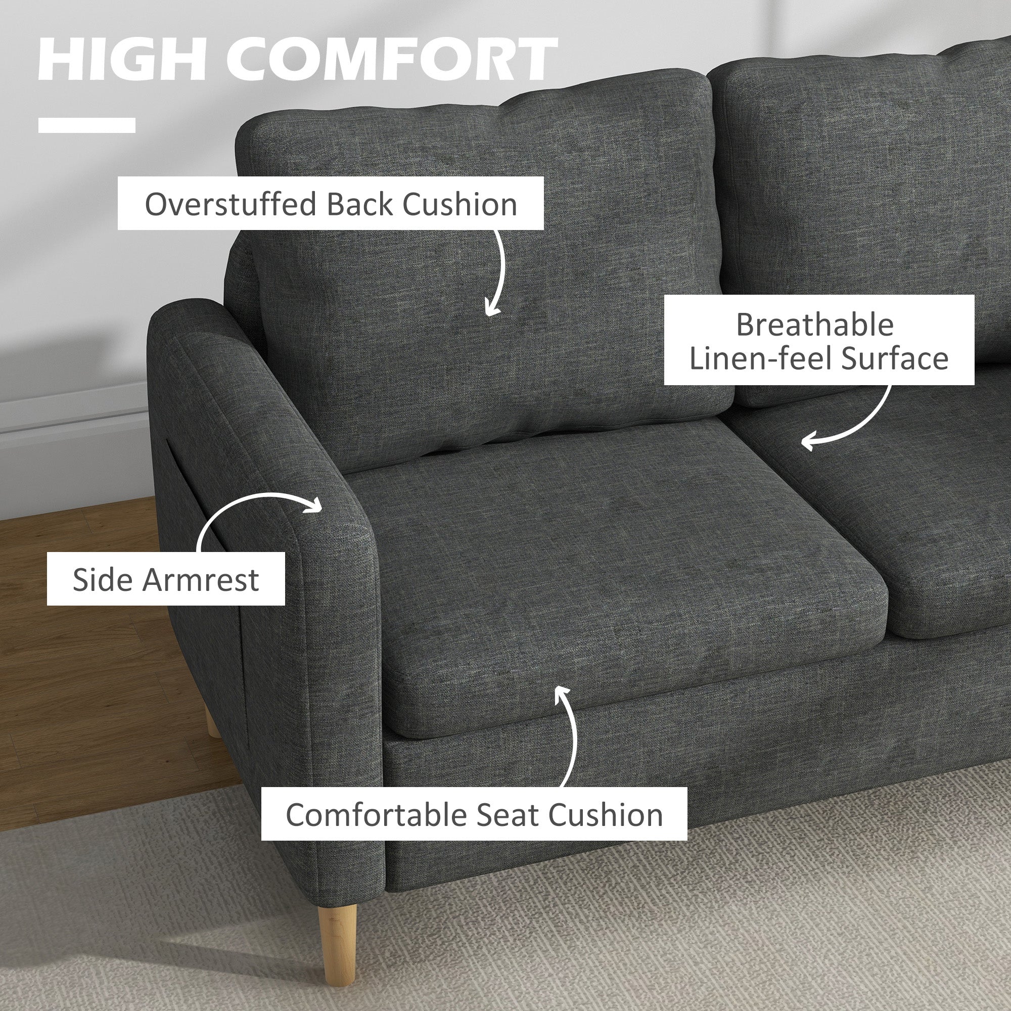 HOMCOM 56" 2-Seater Modern Sofa: With Side Pockets, Solid Steel Frame, Grey 