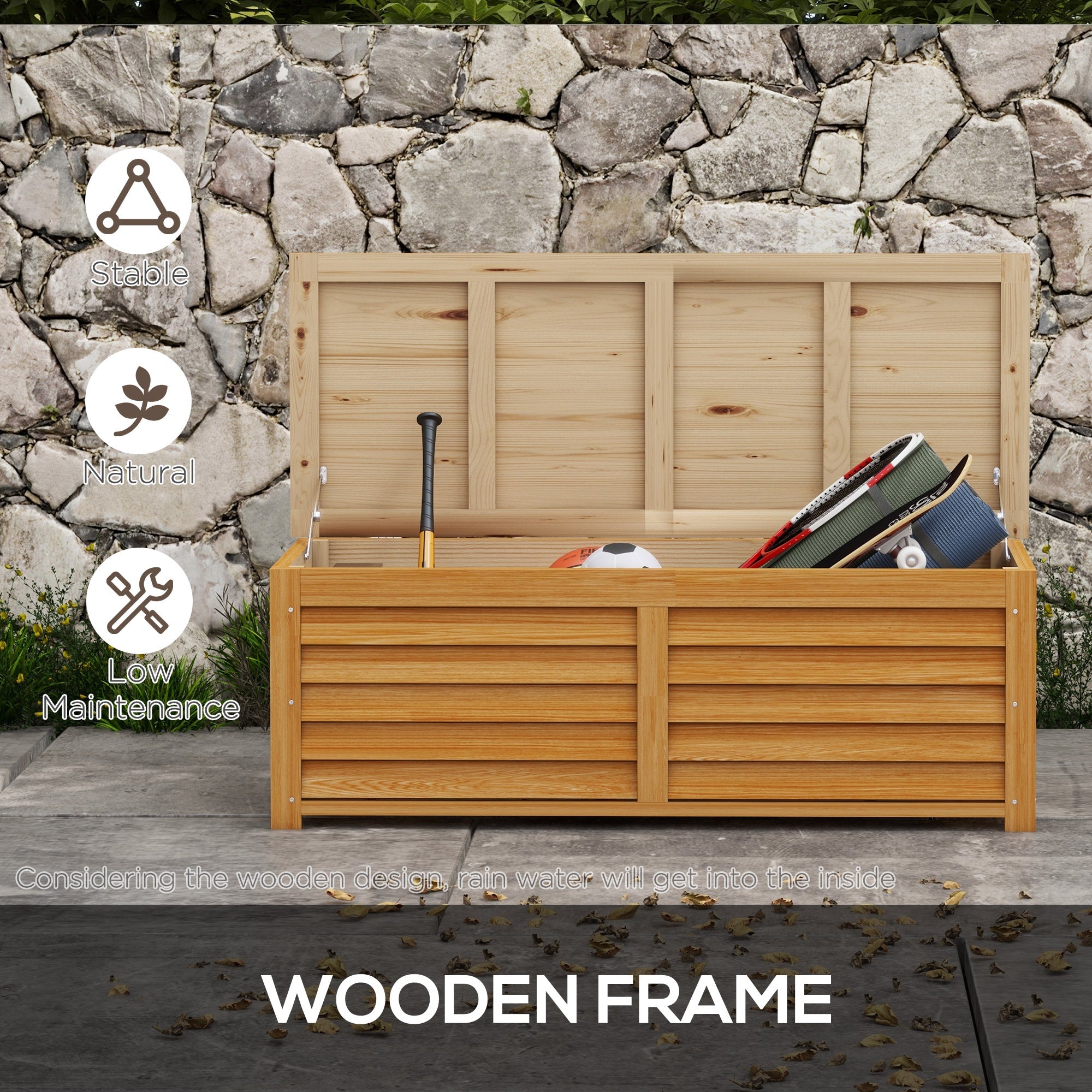 Outsunny 176L Outdoor Storage Box, Wooden Deck Storage Container with 2 Safety Hinges for Balcony, Porch, Poolside, Light Brown 