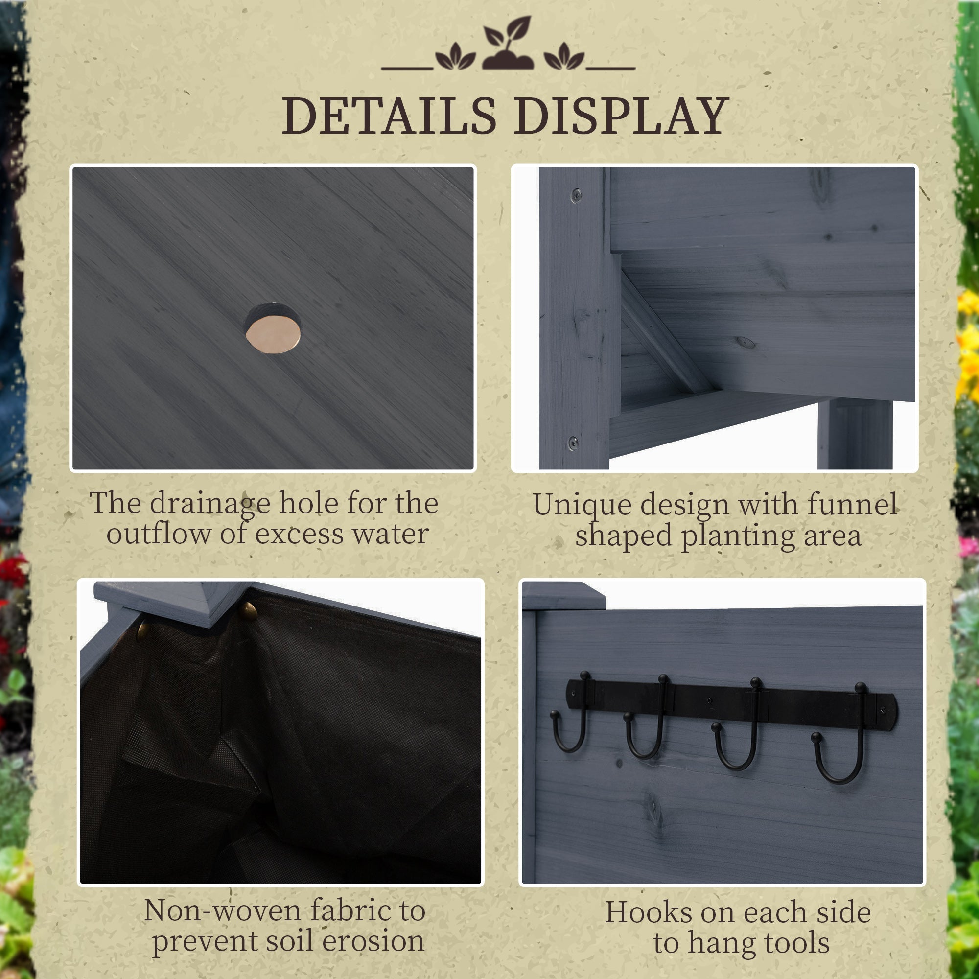 Outsunny Tall Wooden Plant Stand - Outdoor Raised Flower Bed Box with Hooks, 48"x24"x32", Grey 