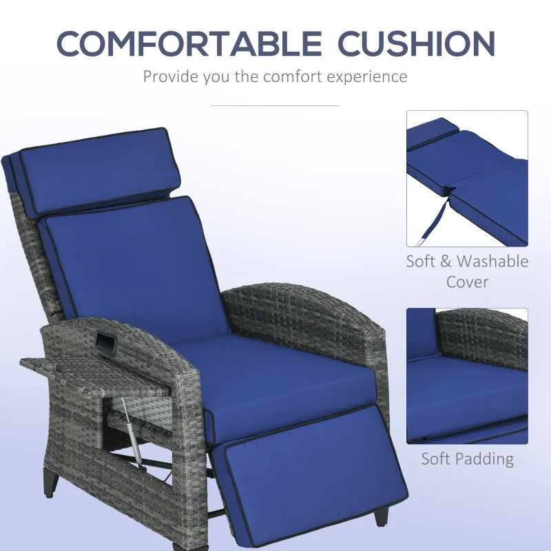 Outdoor Recliner Chair with Adjustable Backrest and Footrest, Washable Cushion, Side Tray, Dark Blue