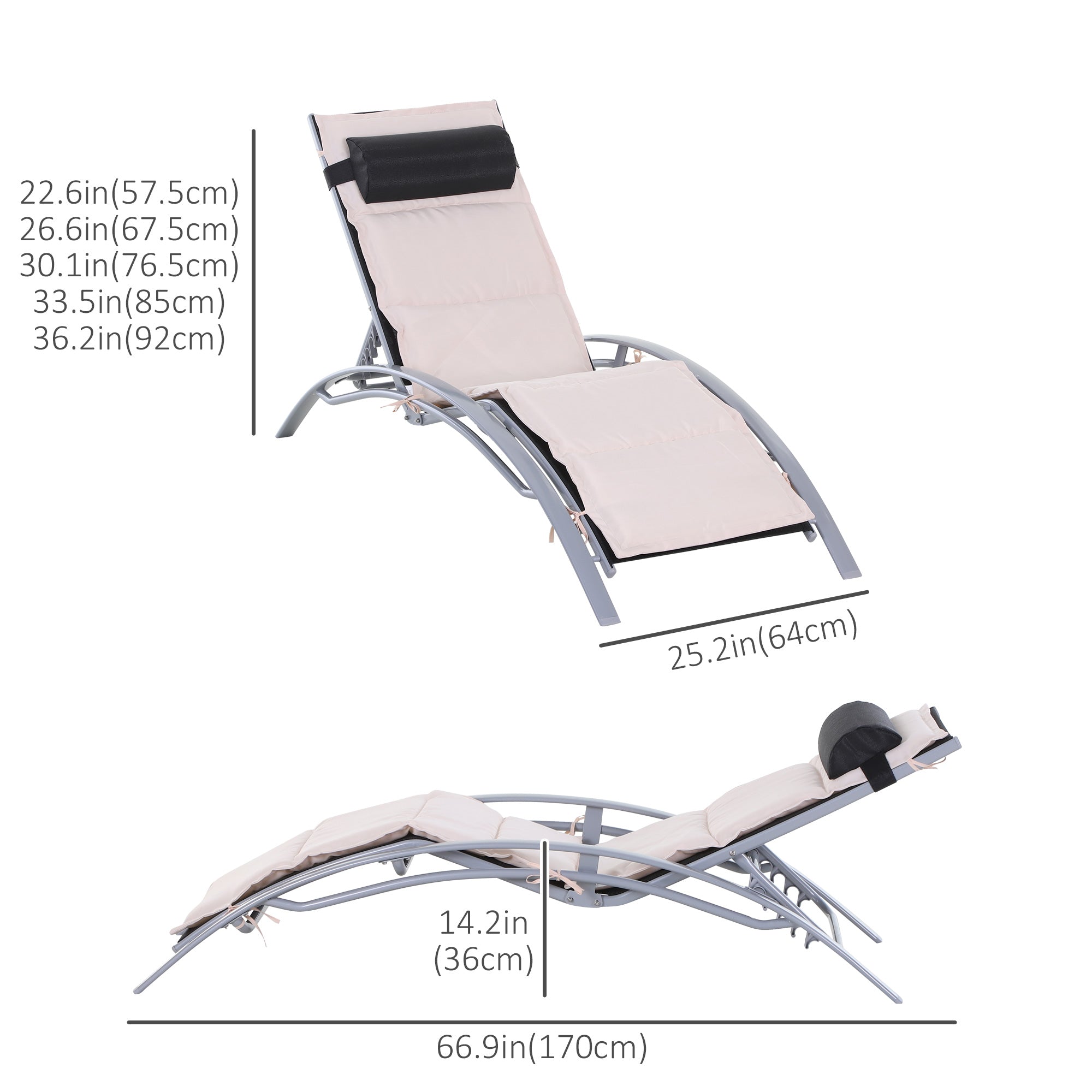 Outsunny Reclining Patio Lounge Chair Beige with Cushion and Padded Pillow Adjustable Outdoor Chaise 