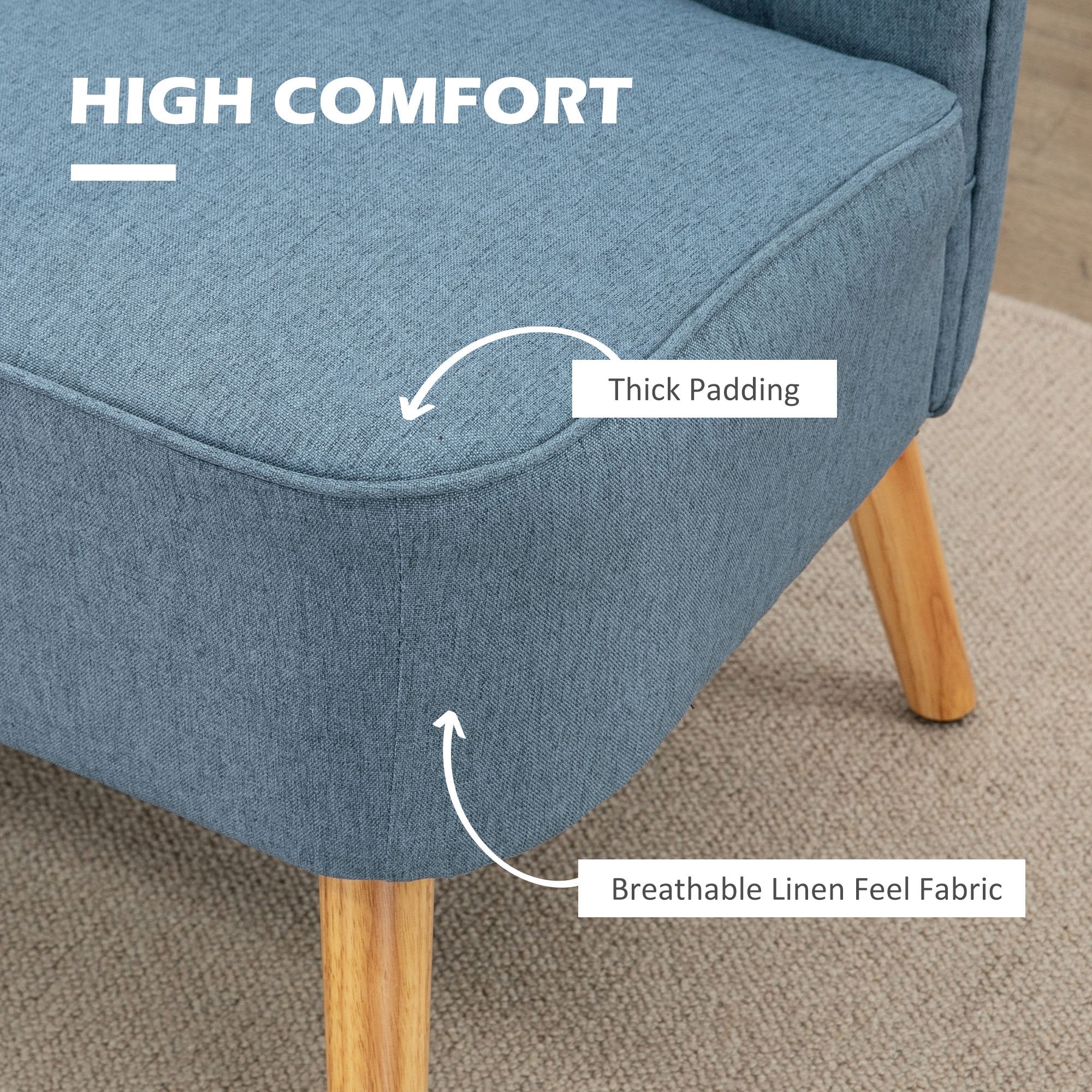 HOMCOM Modern 2 Seat Sofa for Bedroom, Upholstered Two Seater Couch with Rubber Wood Legs, Blue 