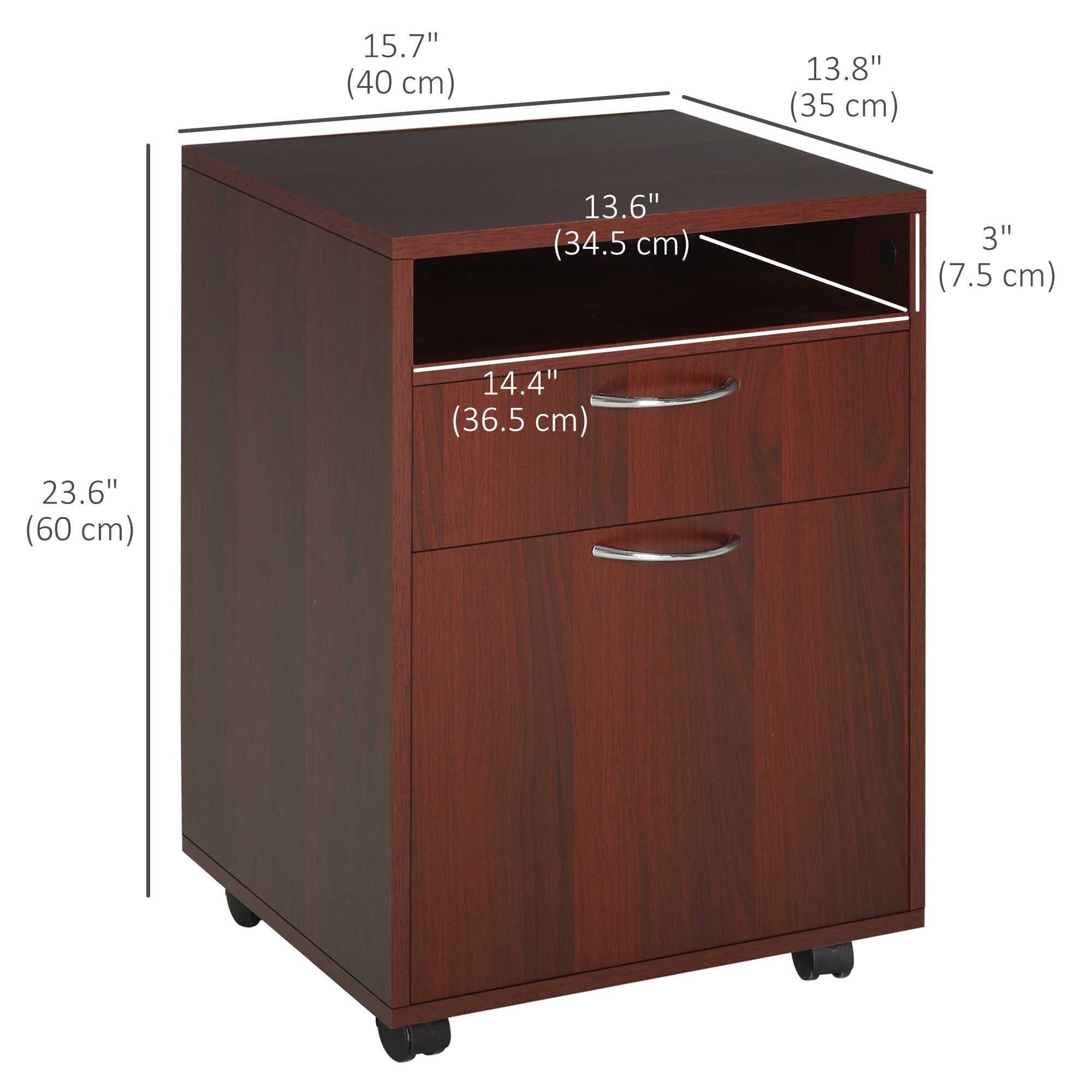HOMCOM Small Filing Cabinet 24" Open Compartment Drawer Wheels Home Office Storage Espresso Wood Furniture 