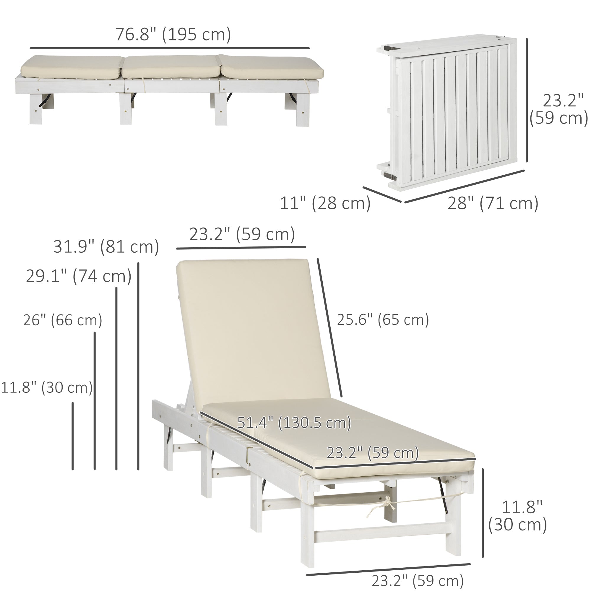 Outsunny Outdoor Sun Lounger Wooden Garden Reclining Chair 4 Adjustable Back Soft Cushion Light Grey 