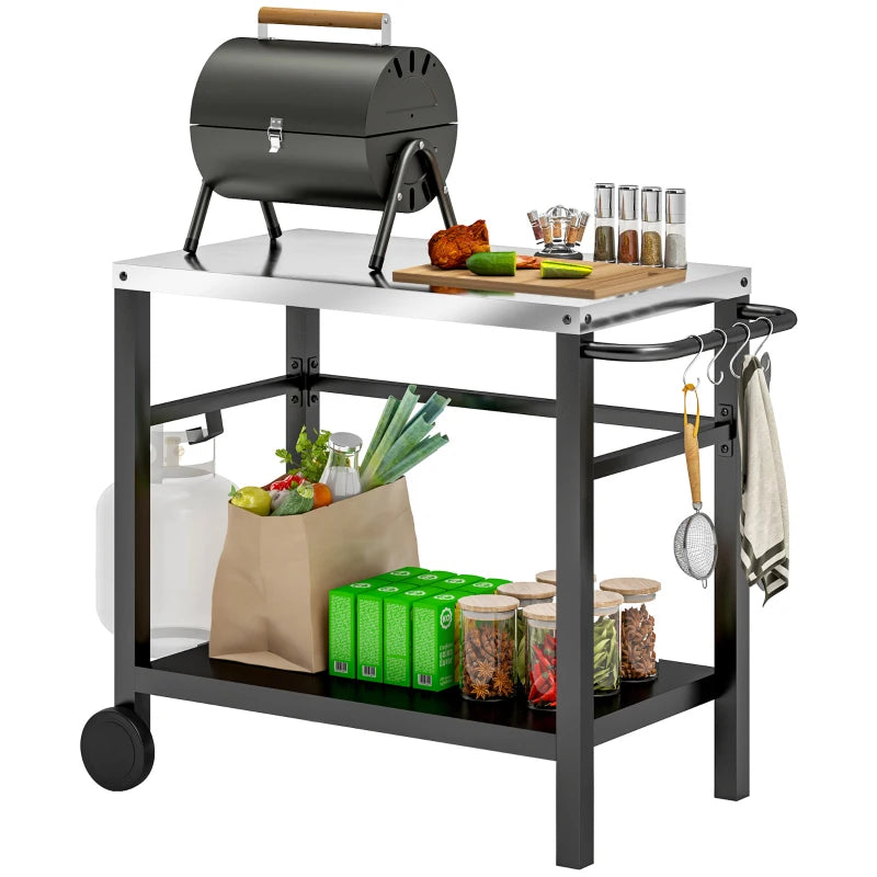 Outdoor Grill Dining Cart with Stainless Steel Tabletop, 2-Shelf BBQ Movable Pizza Oven Stand with Wheels, Charcoal Grey