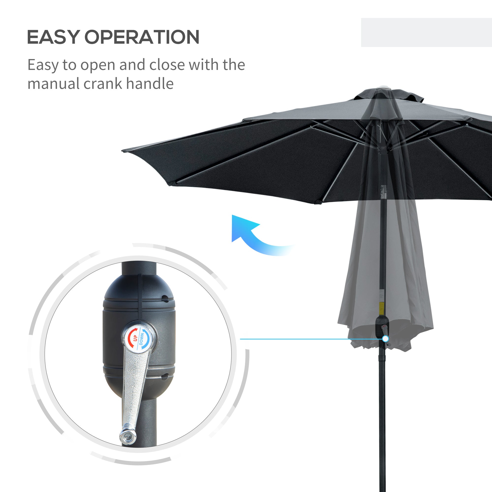 Outsunny Round Market Patio Sunshade: 10'x 8' with Crank Handle Tilt for Outdoor Garden Lawn, Black 