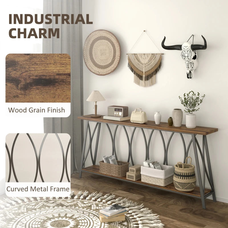 71" Console Table, Industrial 2-Tier Narrow Entryway Table with Metal Frame for Living Room, Hallway, Rustic Brown