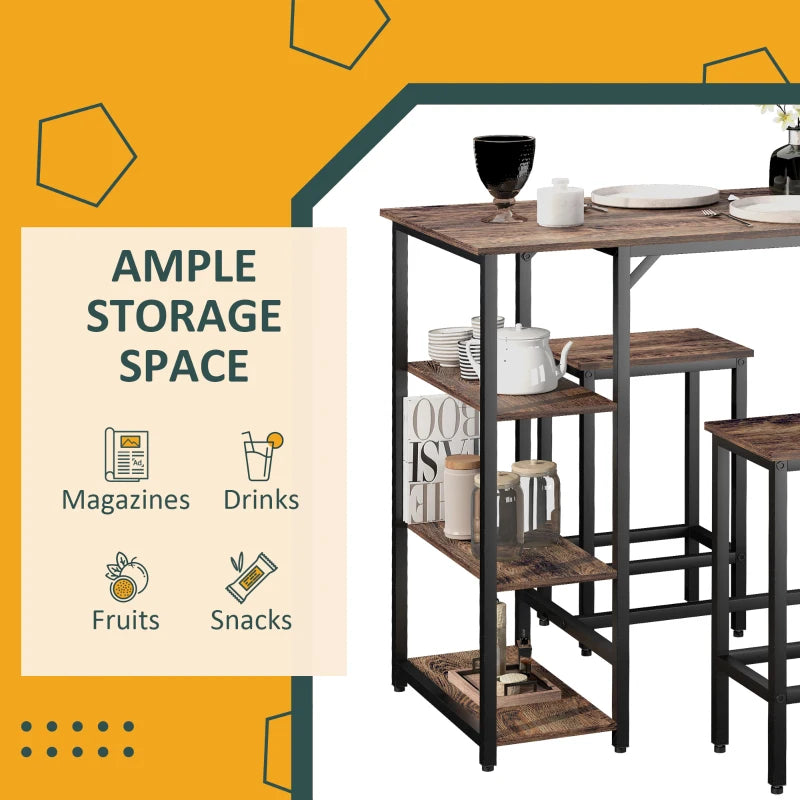 Industrial Dining Table Set for 2, Bar Table and Stools Set, Counter Height Kitchen Table with Chairs with Storage Shelf, Rustic Brown