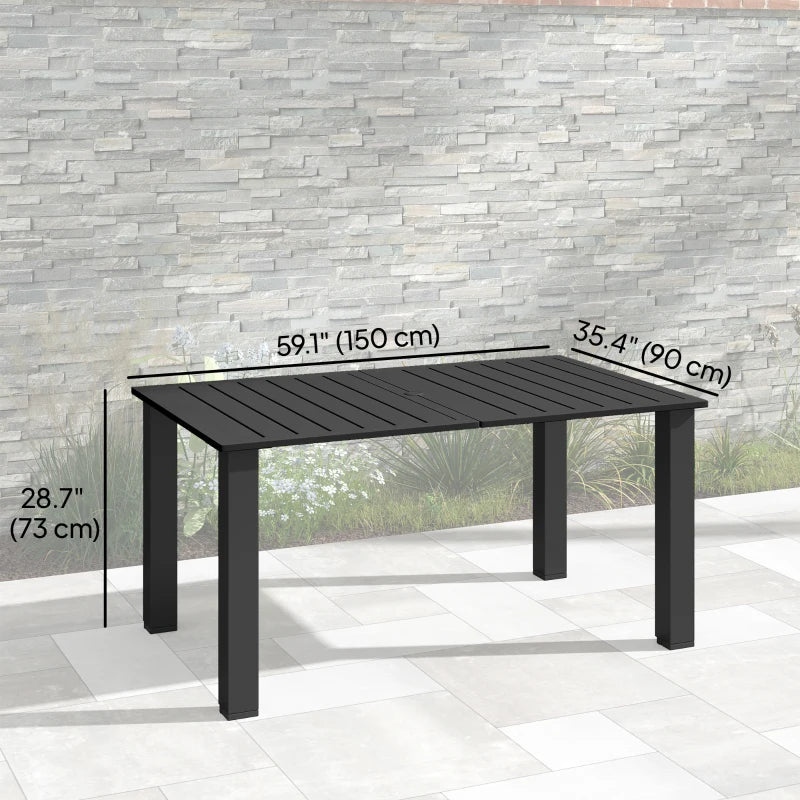 59" Outdoor Patio Table with Umbrella Hole, Outdoor Dining Table with Slatted Tabletop for Backyard Garden, Black