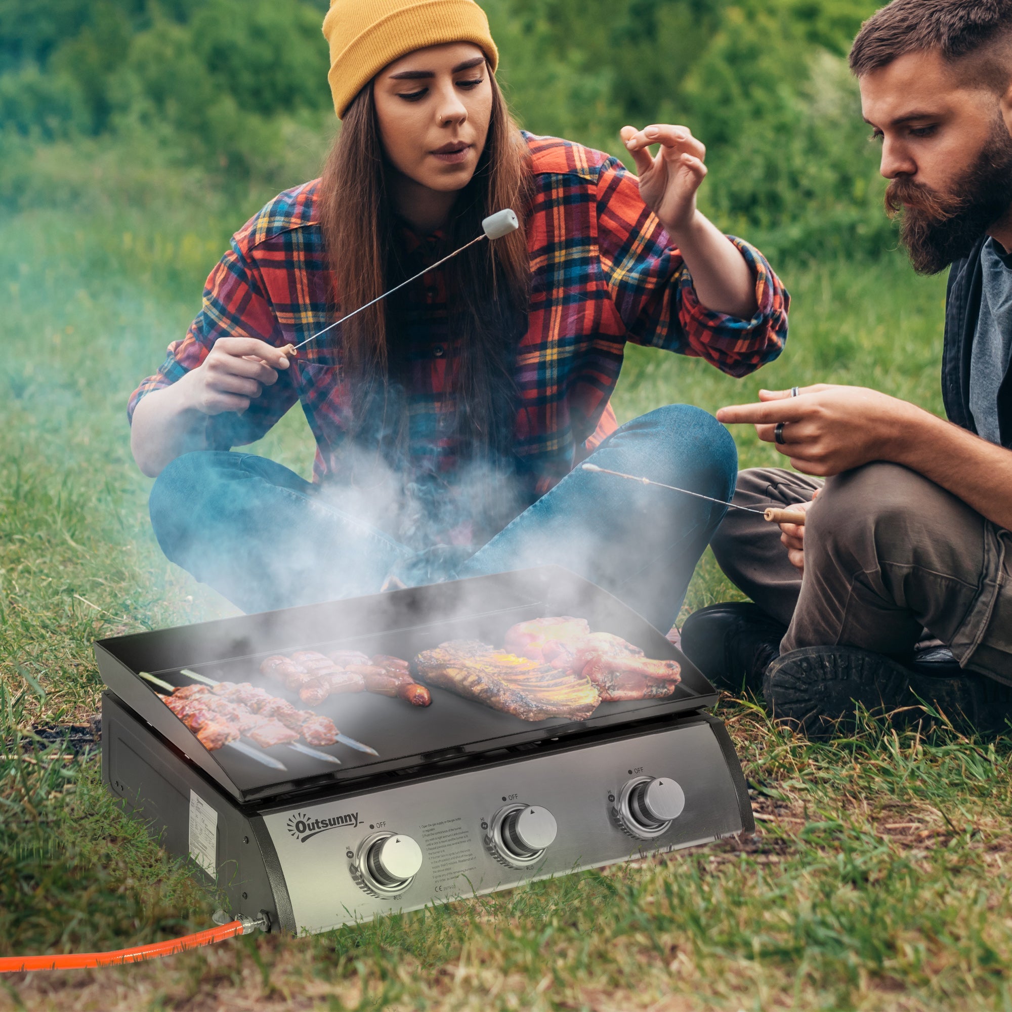 Outsunny 3 Burner Liquefied Gas Grill, Portable Tabletop BBQ Grill, for Camping, Picnic, Silver 