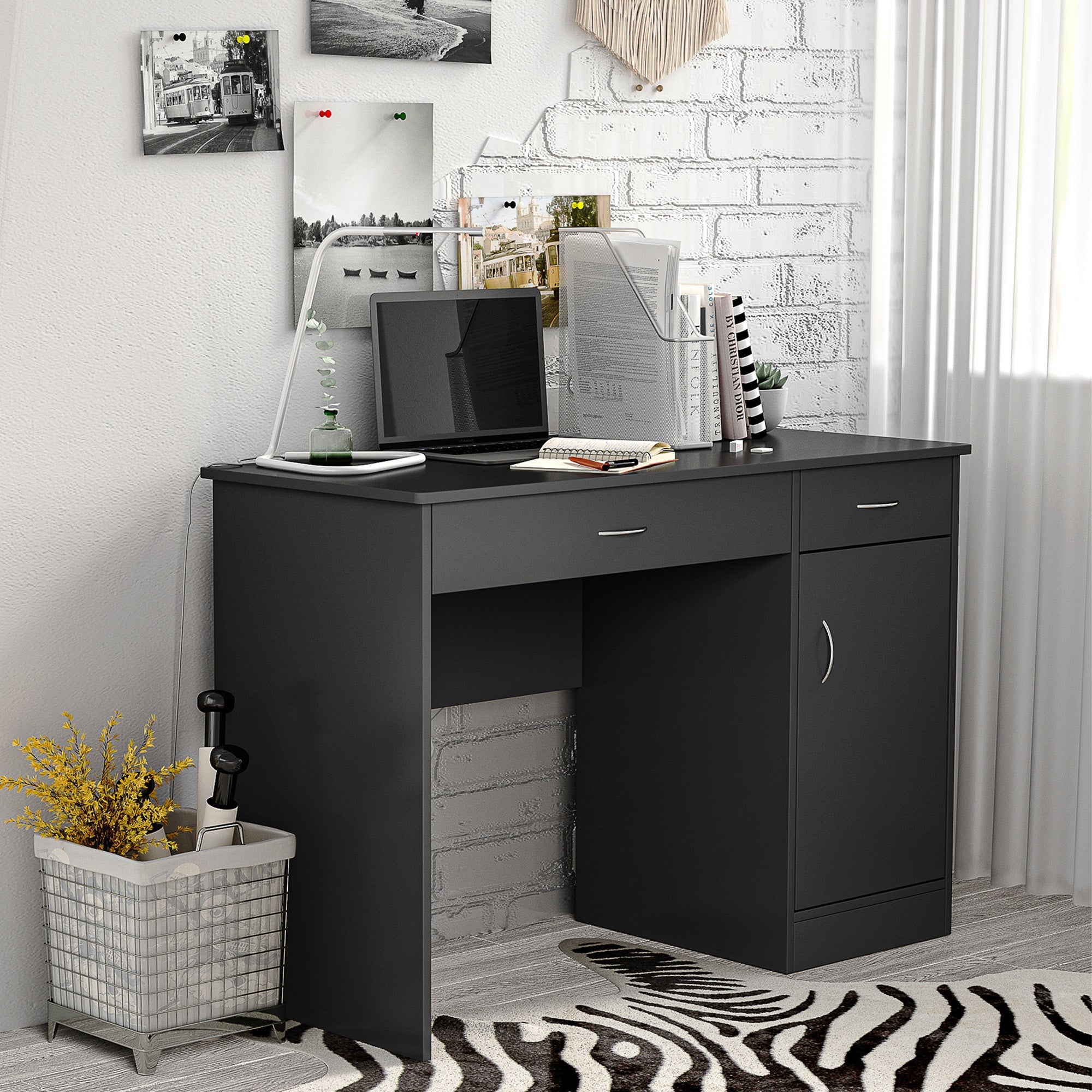 HOMCOM Computer Desk with Drawers Cabinet Adjustable Shelf Home Office Bedroom Compact Workstation Space Saving Design Black 